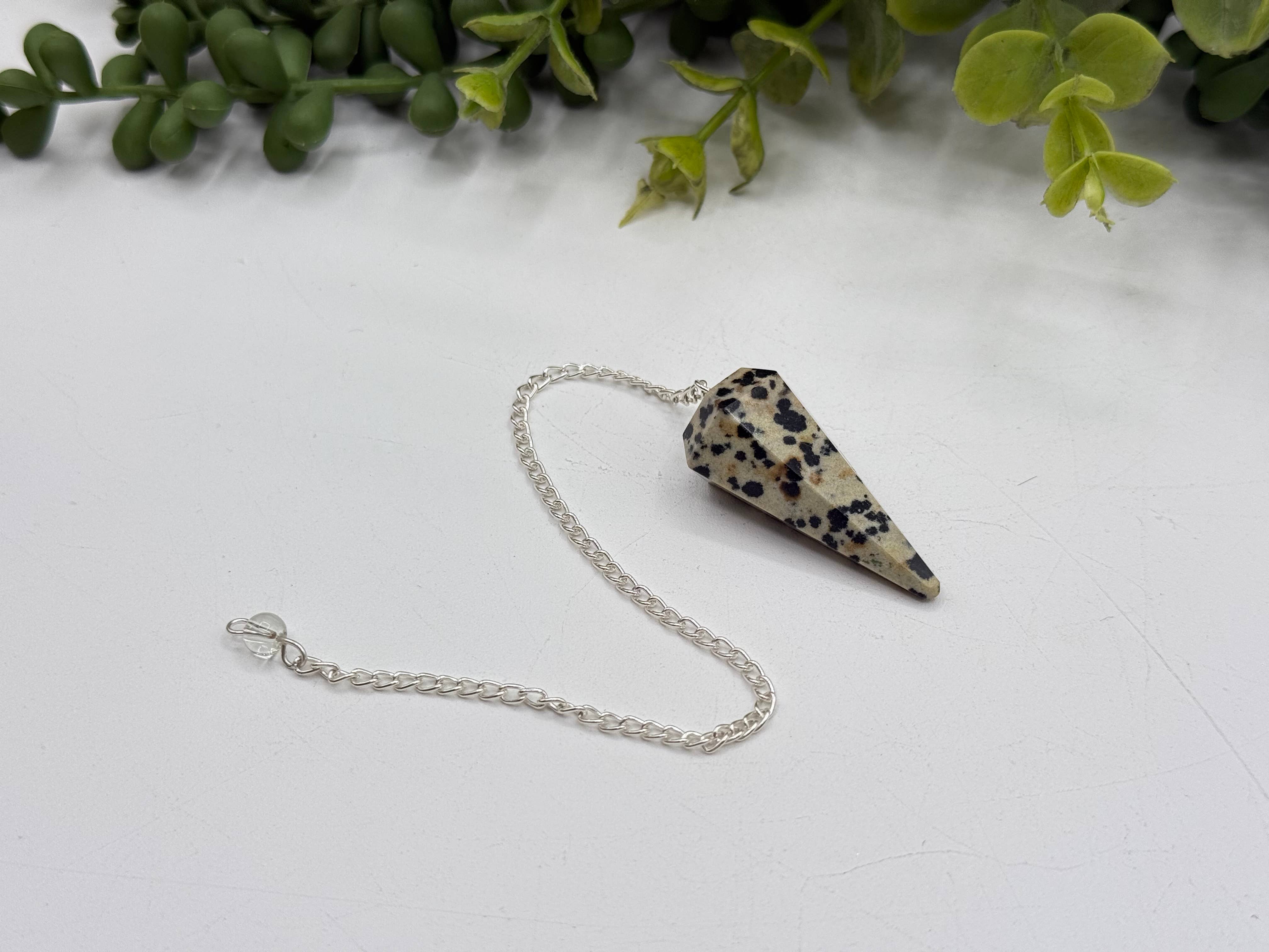 Dalmation Jasper Gemstone Pendulum w/Silver Plated Chain