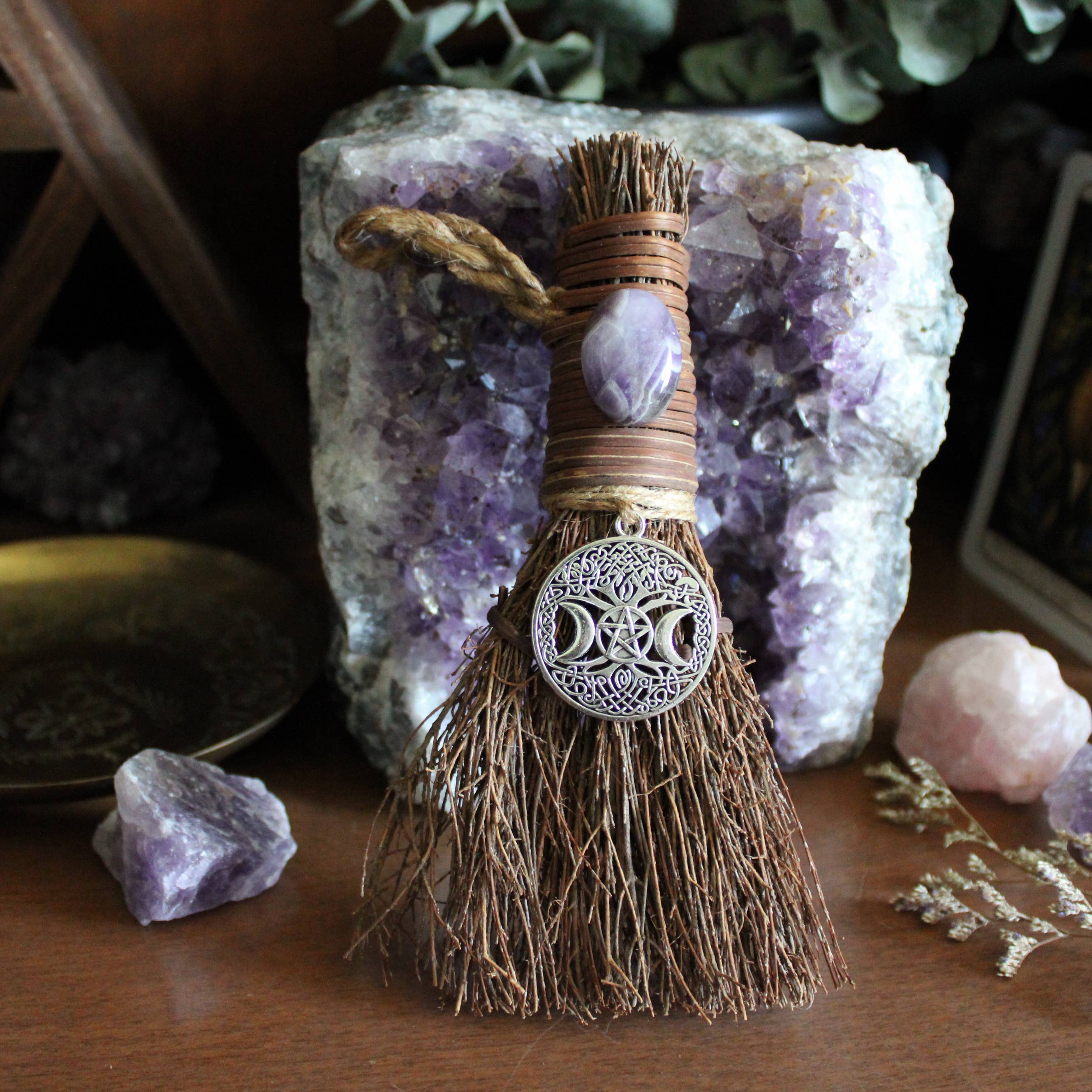Tree Of Life Pentacle Witch&#39;s Besom, Witchy Crystal Broom: Silver / Amethyst / 6&quot;