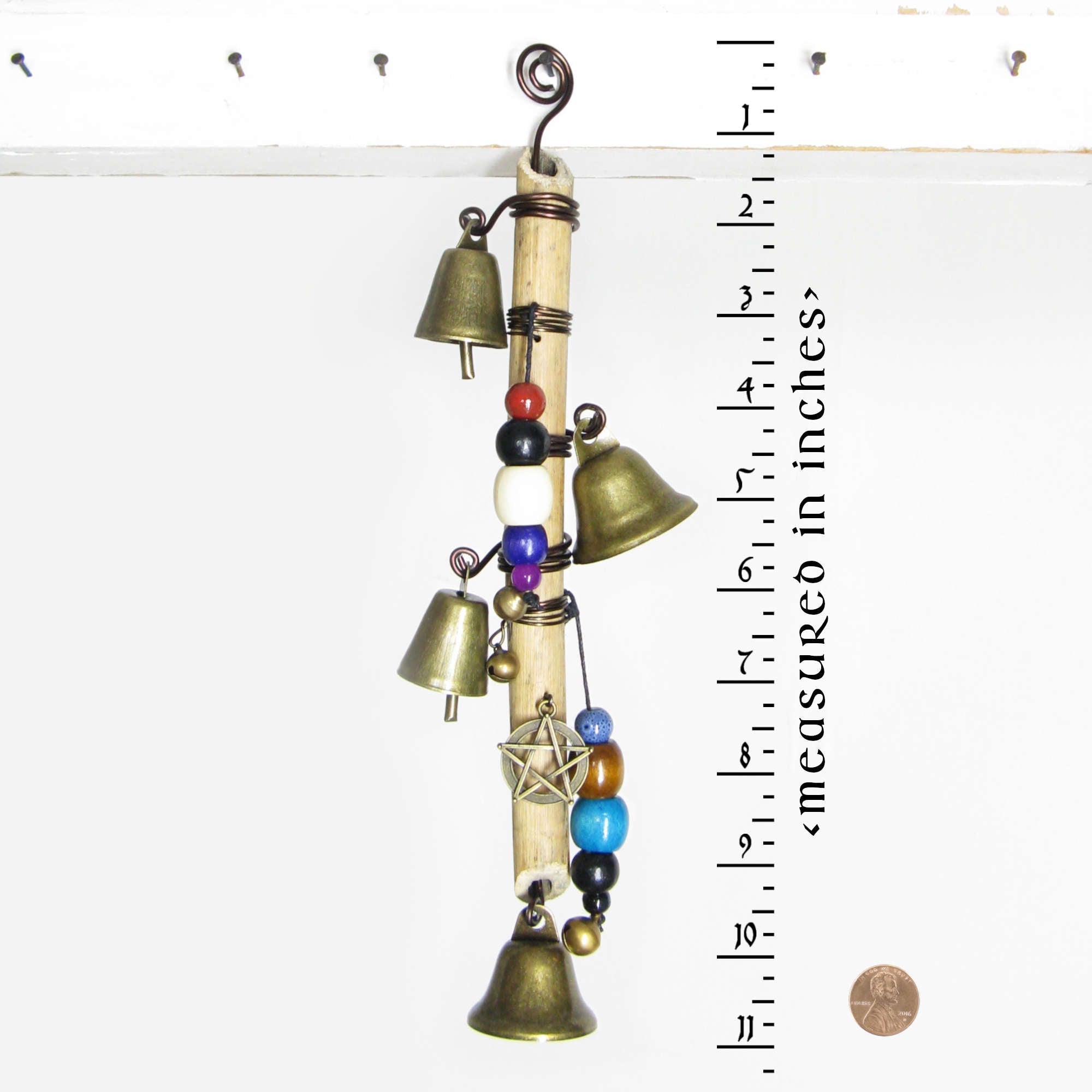 Witch's Bell: Vertical Branch, Pentacle, Colorful Beads, Spiral - Handcrafted