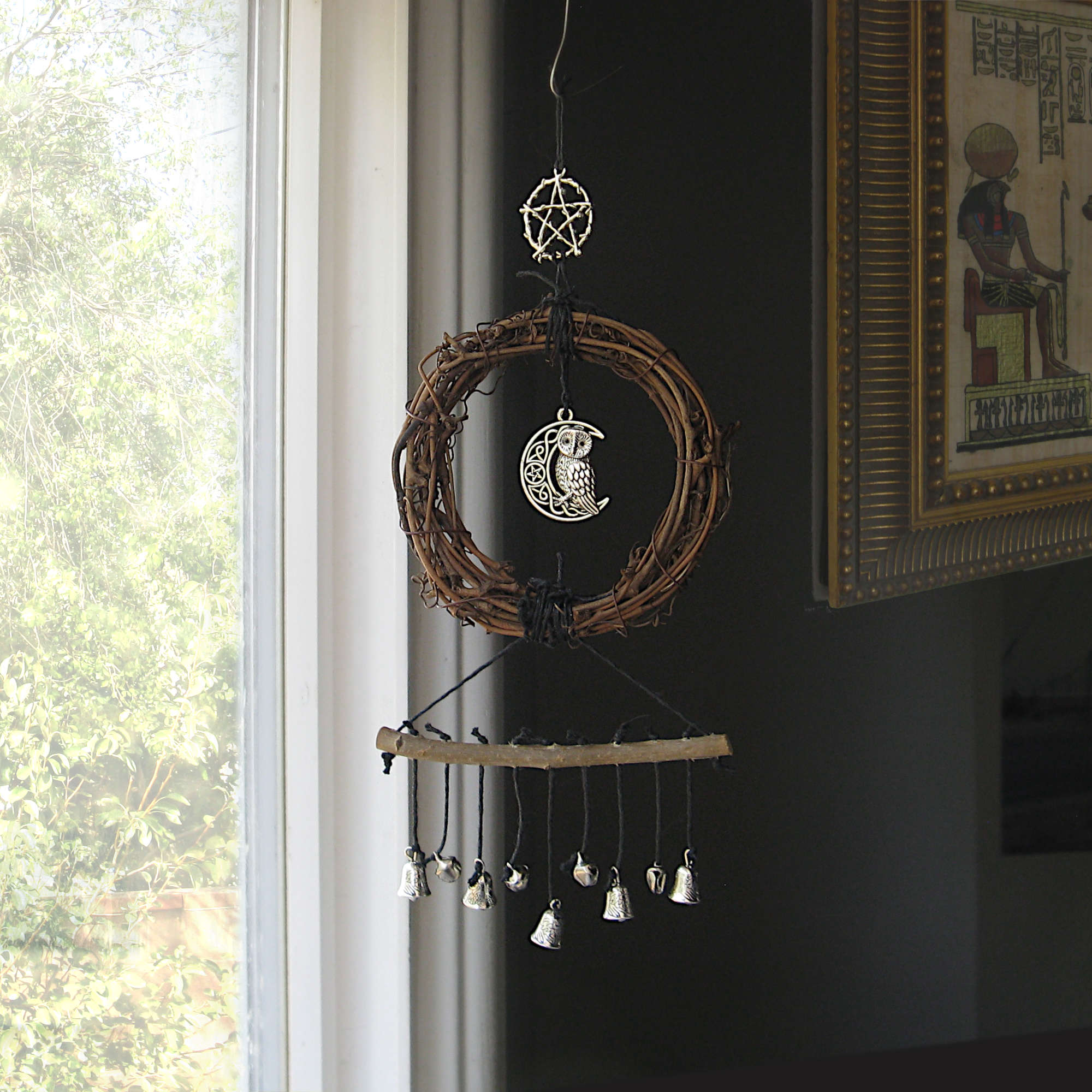 Wall Hanging: Small Wreath, Owl/Crescent Moon, Pentagram, Tiny Bells - Handcrafted