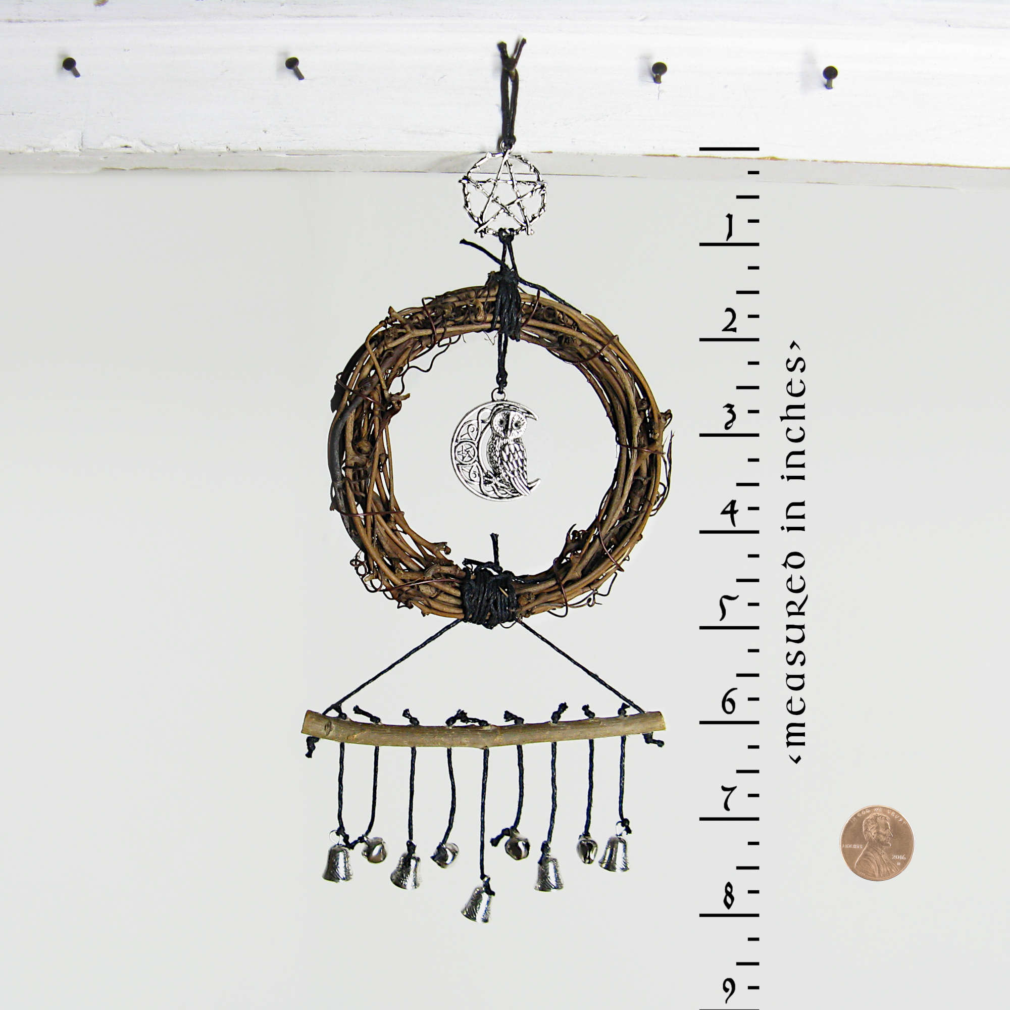 Wall Hanging: Small Wreath, Owl/Crescent Moon, Pentagram, Tiny Bells - Handcrafted