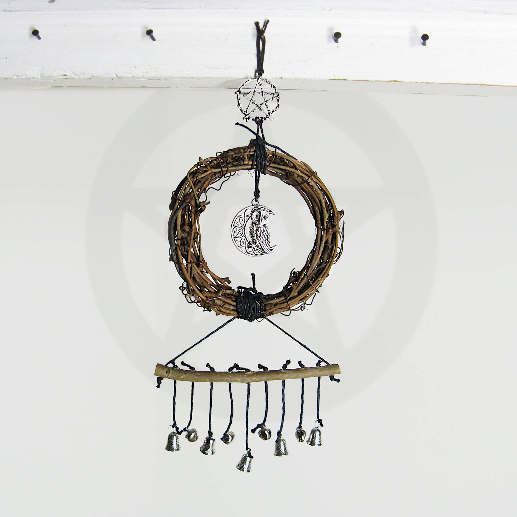Wall Hanging: Small Wreath, Owl/Crescent Moon, Pentagram, Tiny Bells - Handcrafted
