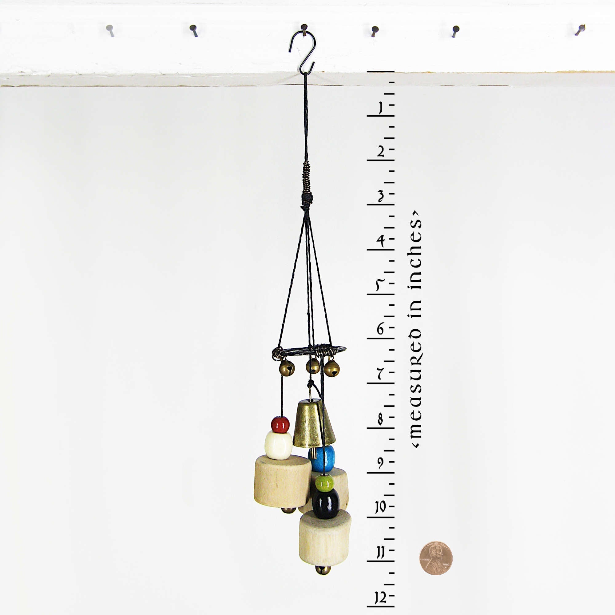 Witch's Bell: Driftwood, Hammered Black Spiral, Colorful Beads - Handcrafted