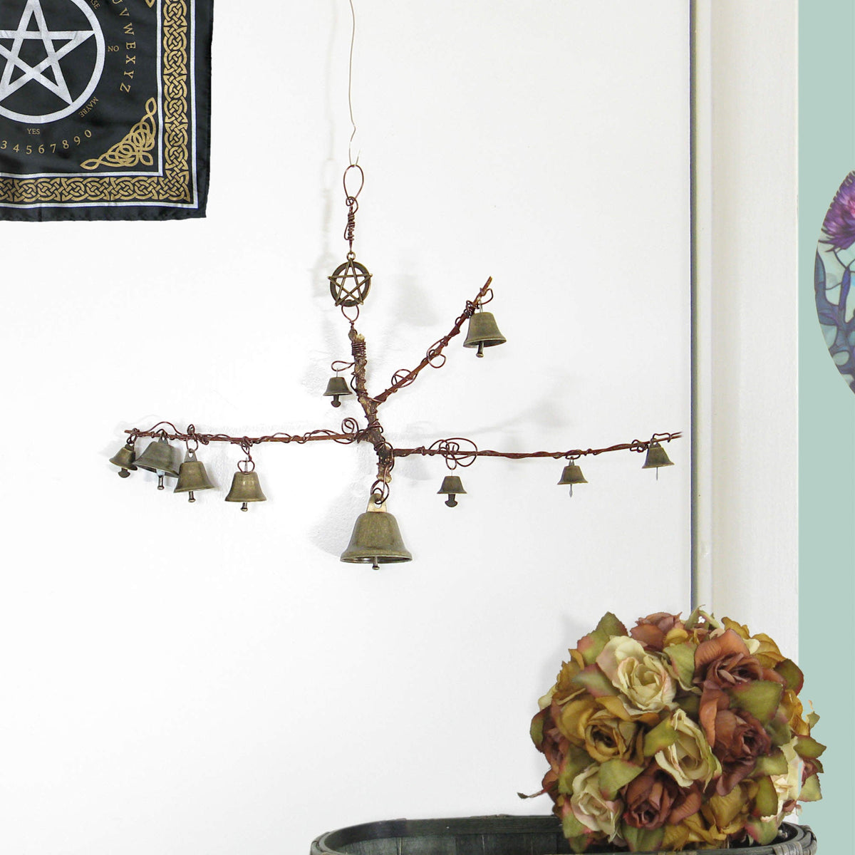 Witch's Bell: Peculiar Branch, 10 Bells, Pentagram Charm - Handcrafted