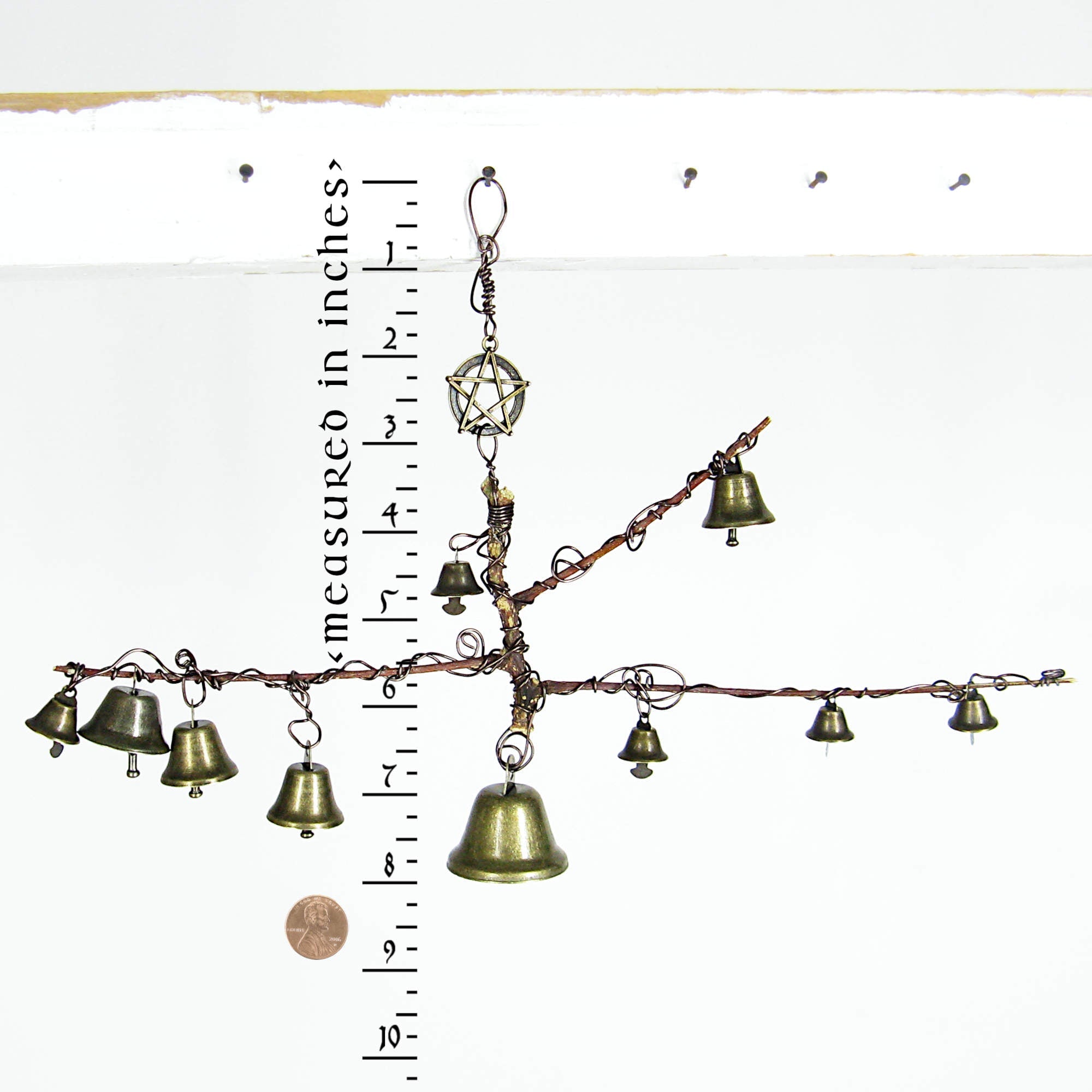 Witch's Bell: Peculiar Branch, 10 Bells, Pentagram Charm - Handcrafted