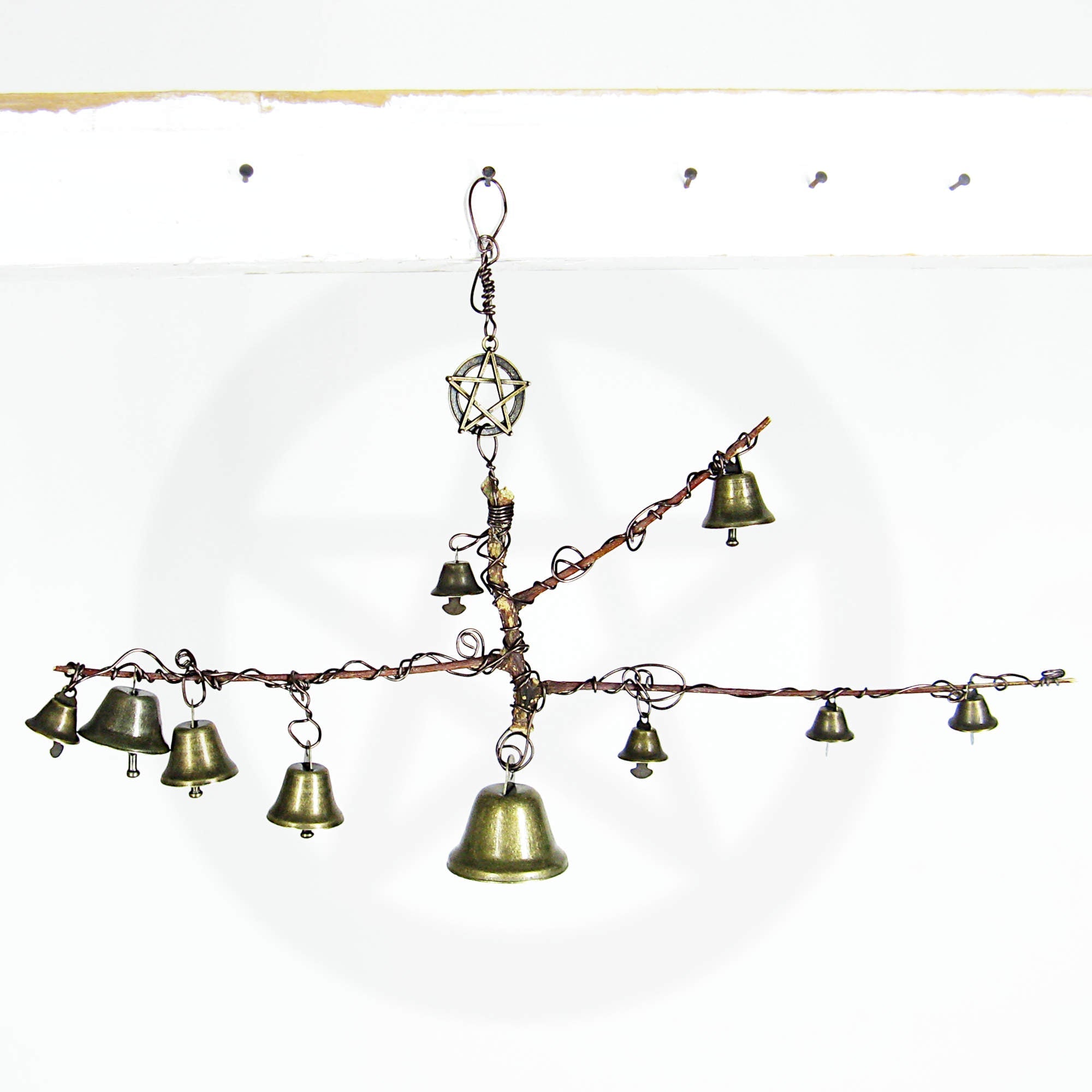Witch's Bell: Peculiar Branch, 10 Bells, Pentagram Charm - Handcrafted