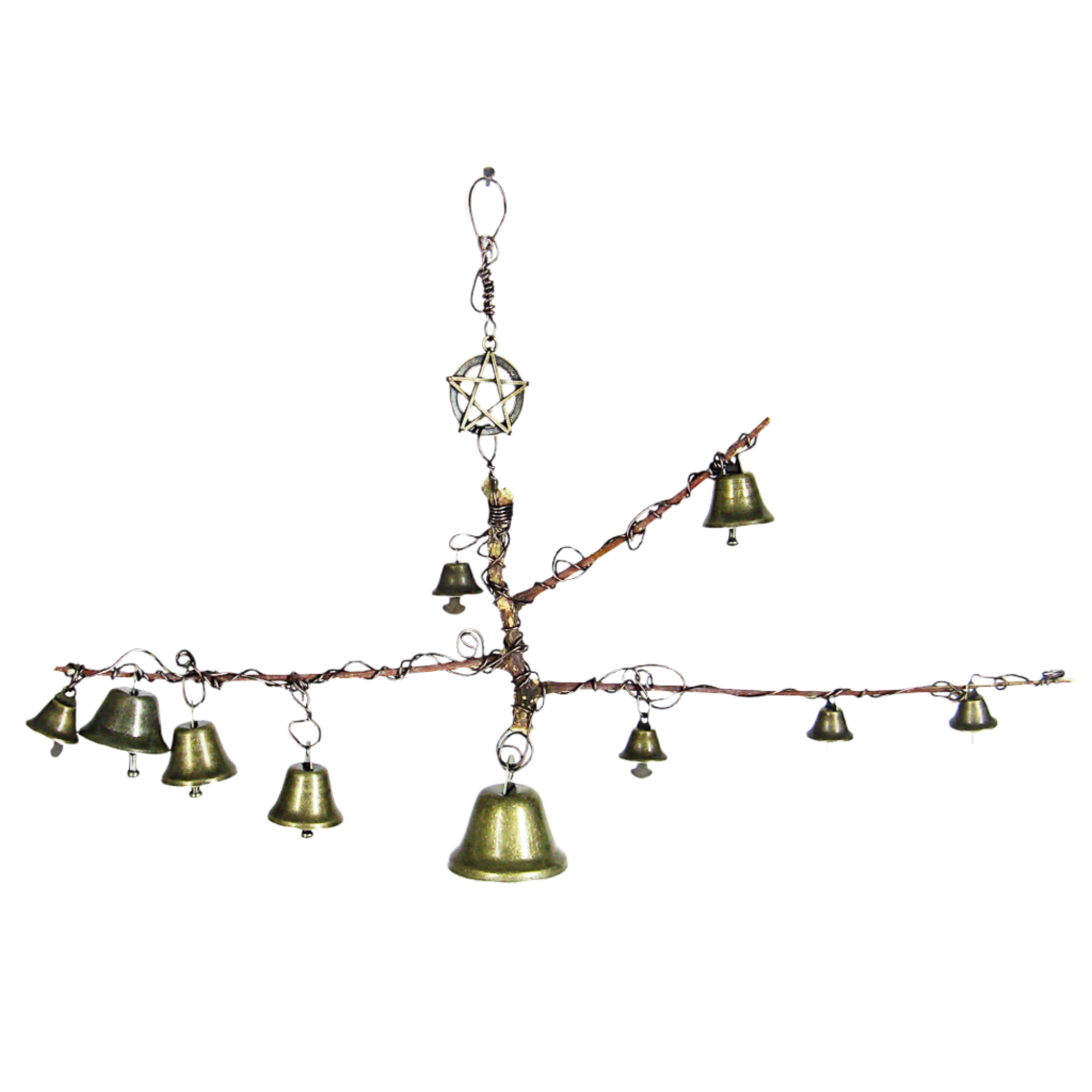 Witch's Bell: Peculiar Branch, 10 Bells, Pentagram Charm - Handcrafted