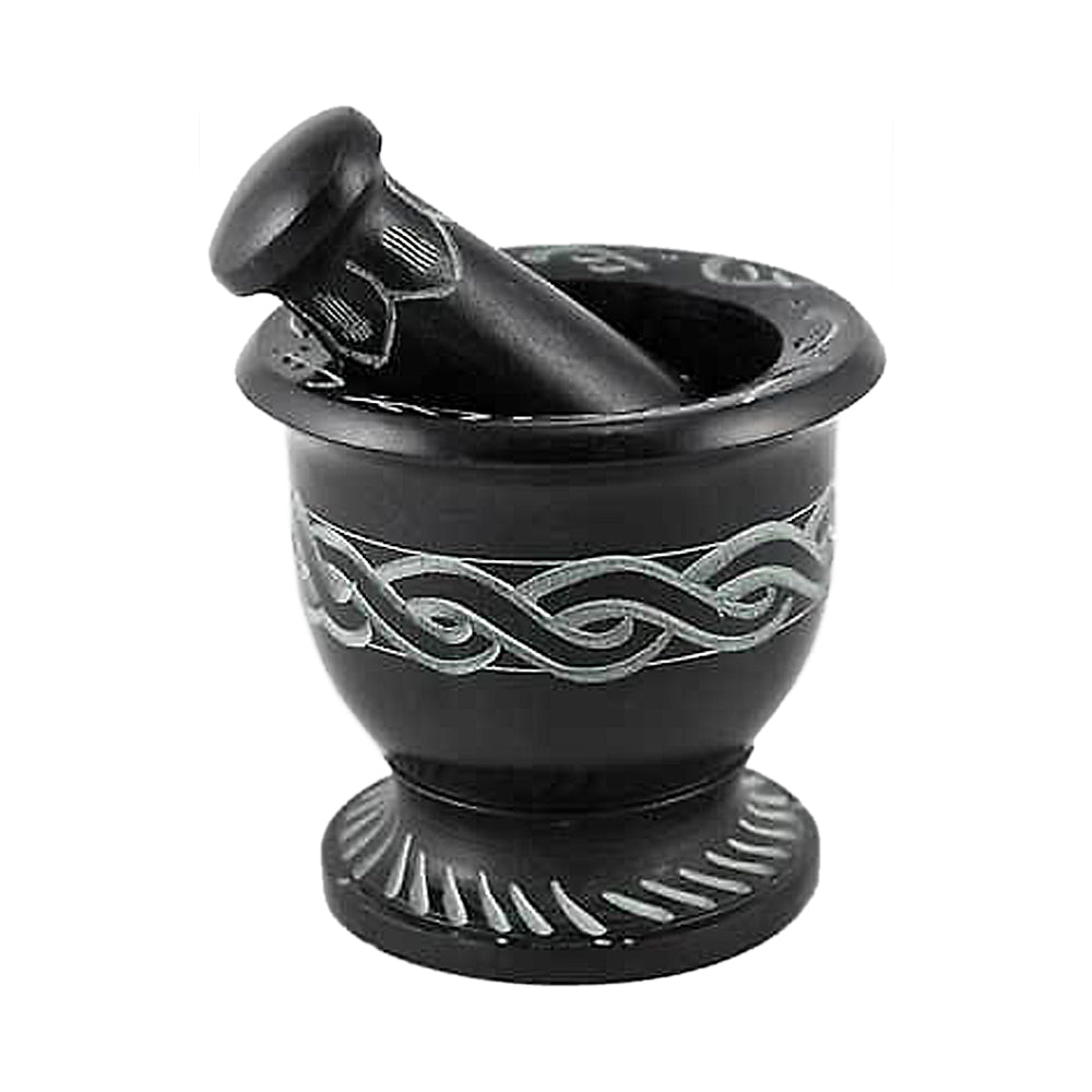 Black Soapstone Mortar &amp; Pestle Carved Celtic Knot