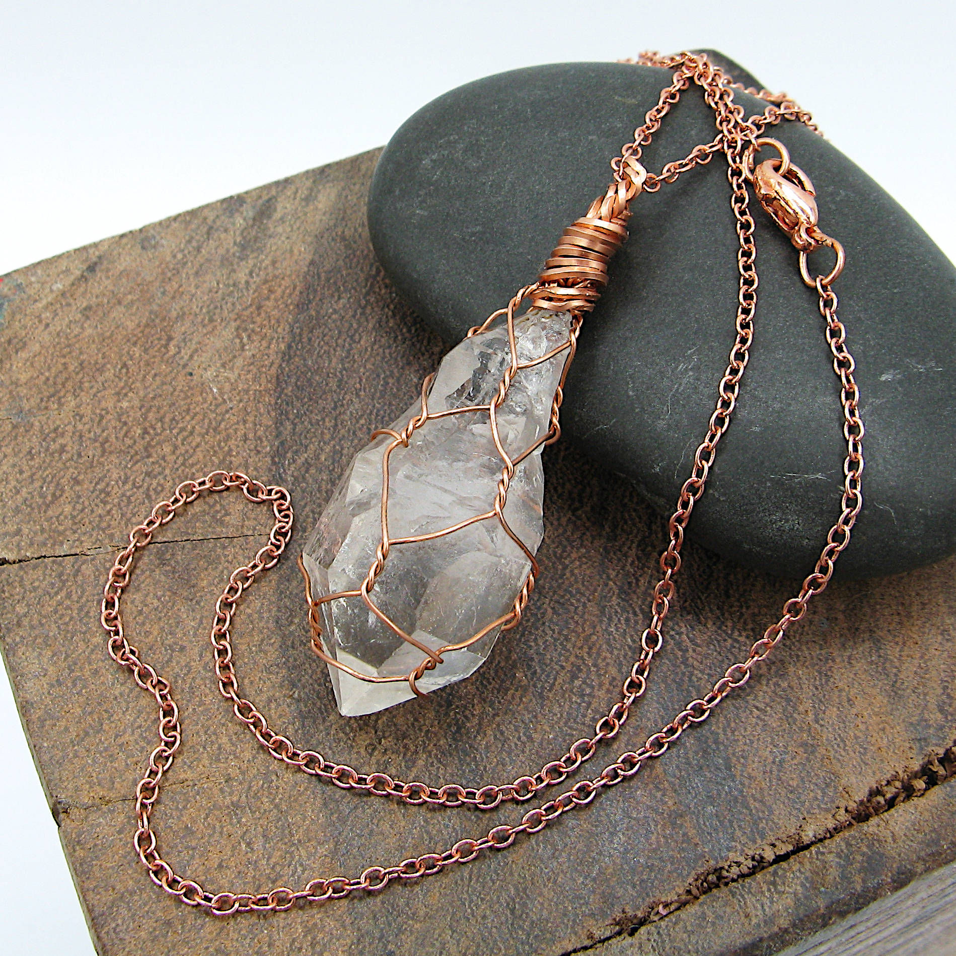 Clear Smoky Raw Quartz Crystal Pendant Necklace, Copper Wire-Wrapped, Handmade, with 20" Chain