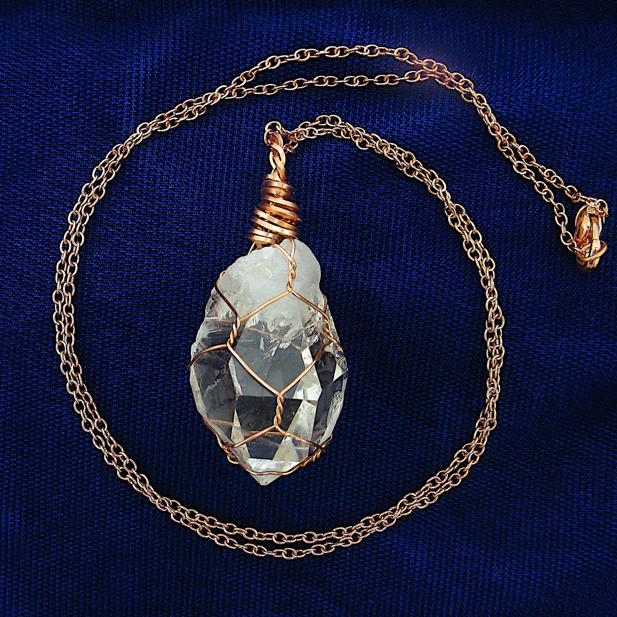 Clear Smoky Raw Quartz Crystal Pendant Necklace, Copper Wire-Wrapped, Handmade, with 20" Chain