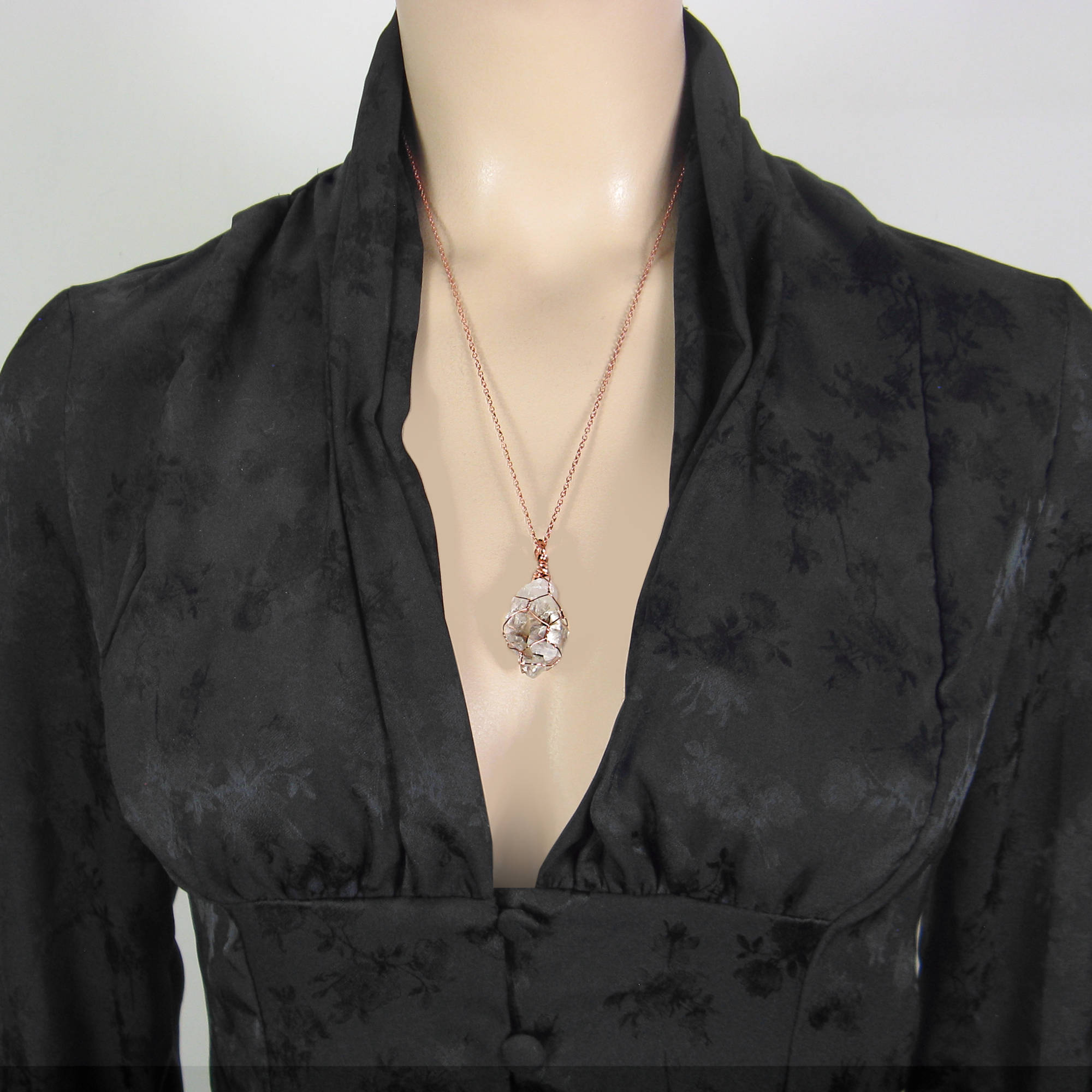 Clear Smoky Raw Quartz Crystal Pendant Necklace, Copper Wire-Wrapped, Handmade, with 20" Chain