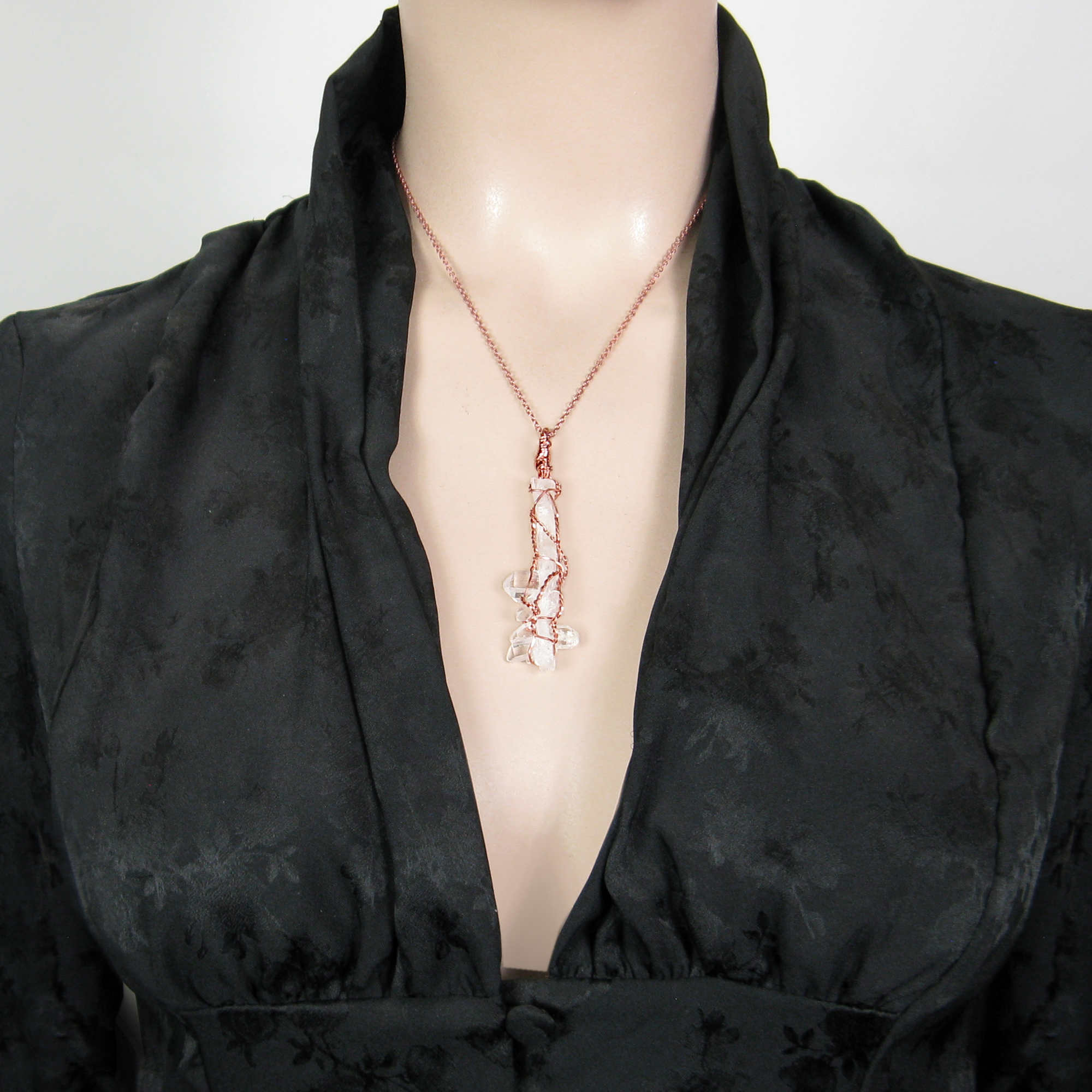 Raw Faden Clear Quartz Crystal Pendant Necklace, Copper Wire-Wrapped, Handmade