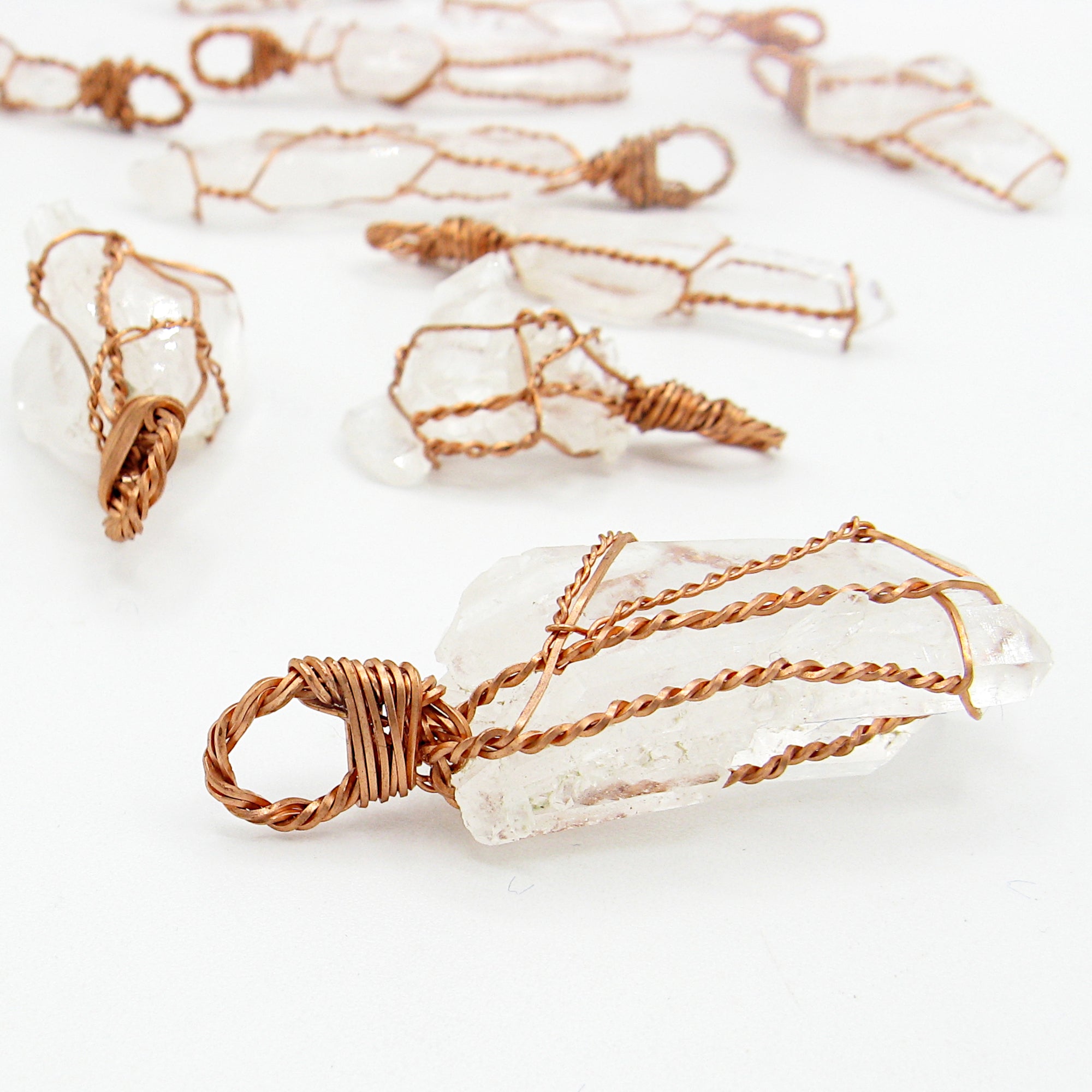 Raw Faden Clear Quartz Crystal Pendant Necklace, Copper Wire-Wrapped, Handmade