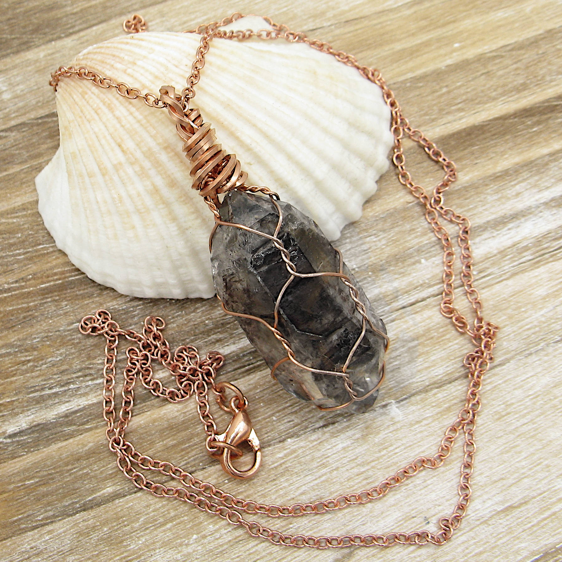 Dark Smoky Quartz Raw Crystal Pendant Necklace, Copper Wire-Wrapped, Handmade, with 20" Chain