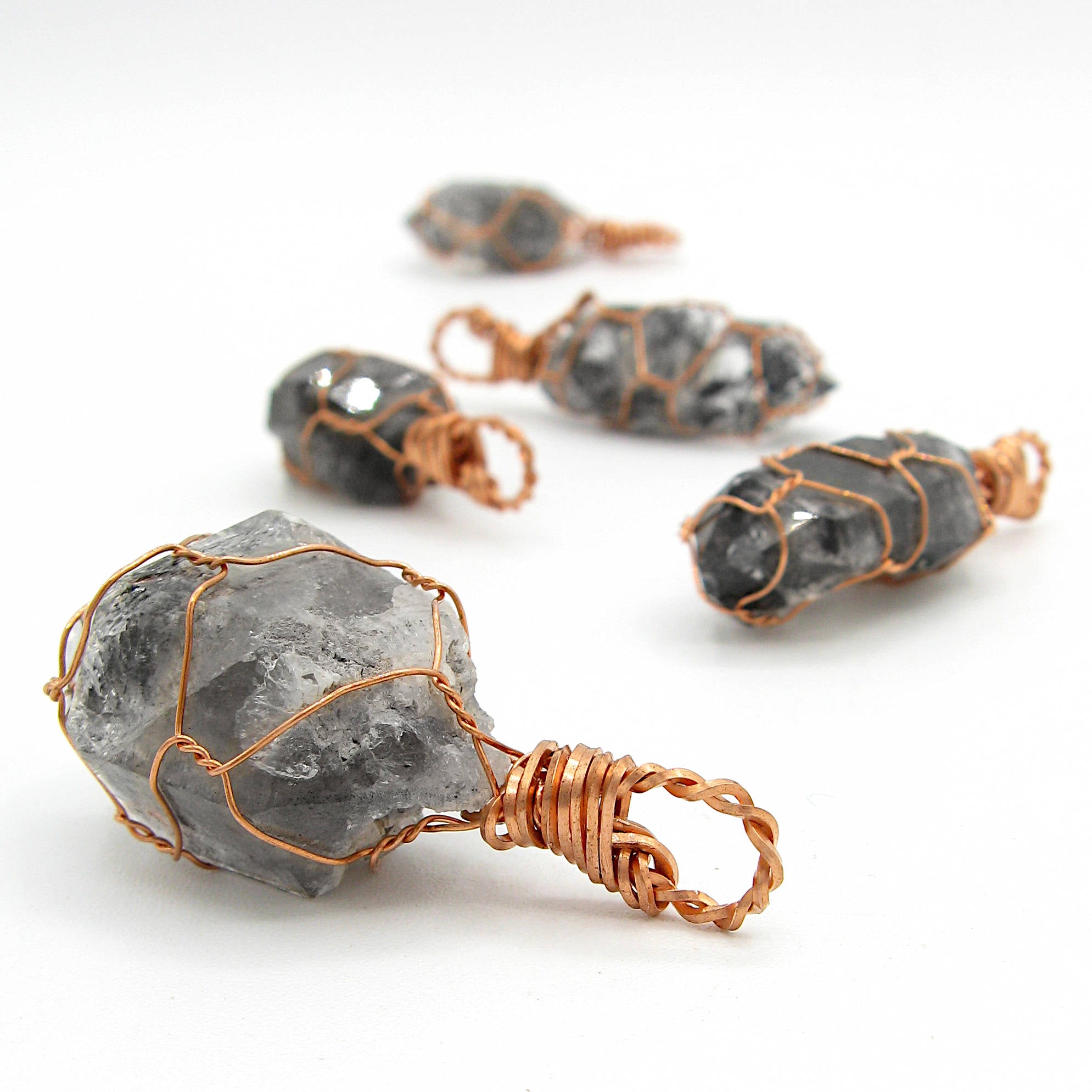 Dark Smoky Quartz Raw Crystal Pendant Necklace, Copper Wire-Wrapped, Handmade, with 20" Chain
