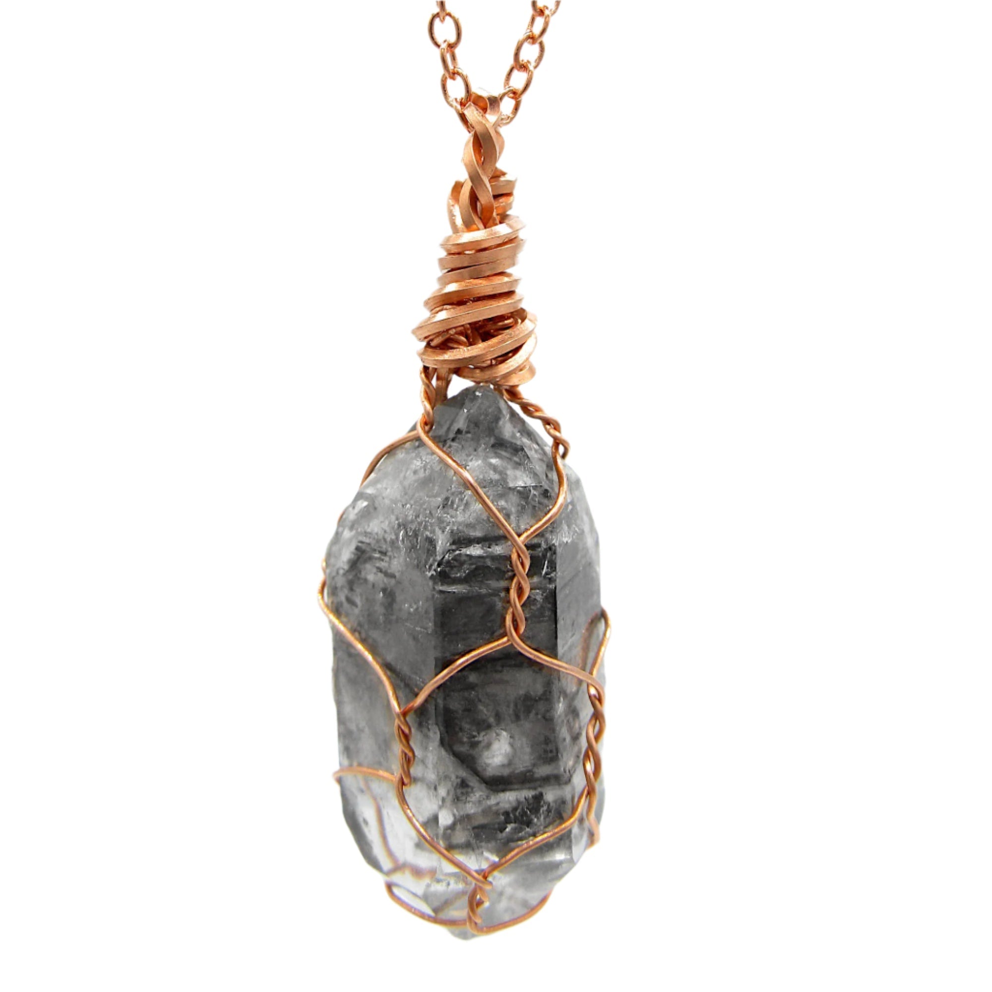 Dark Smoky Quartz Raw Crystal Pendant Necklace, Copper Wire-Wrapped, Handmade, with 20" Chain
