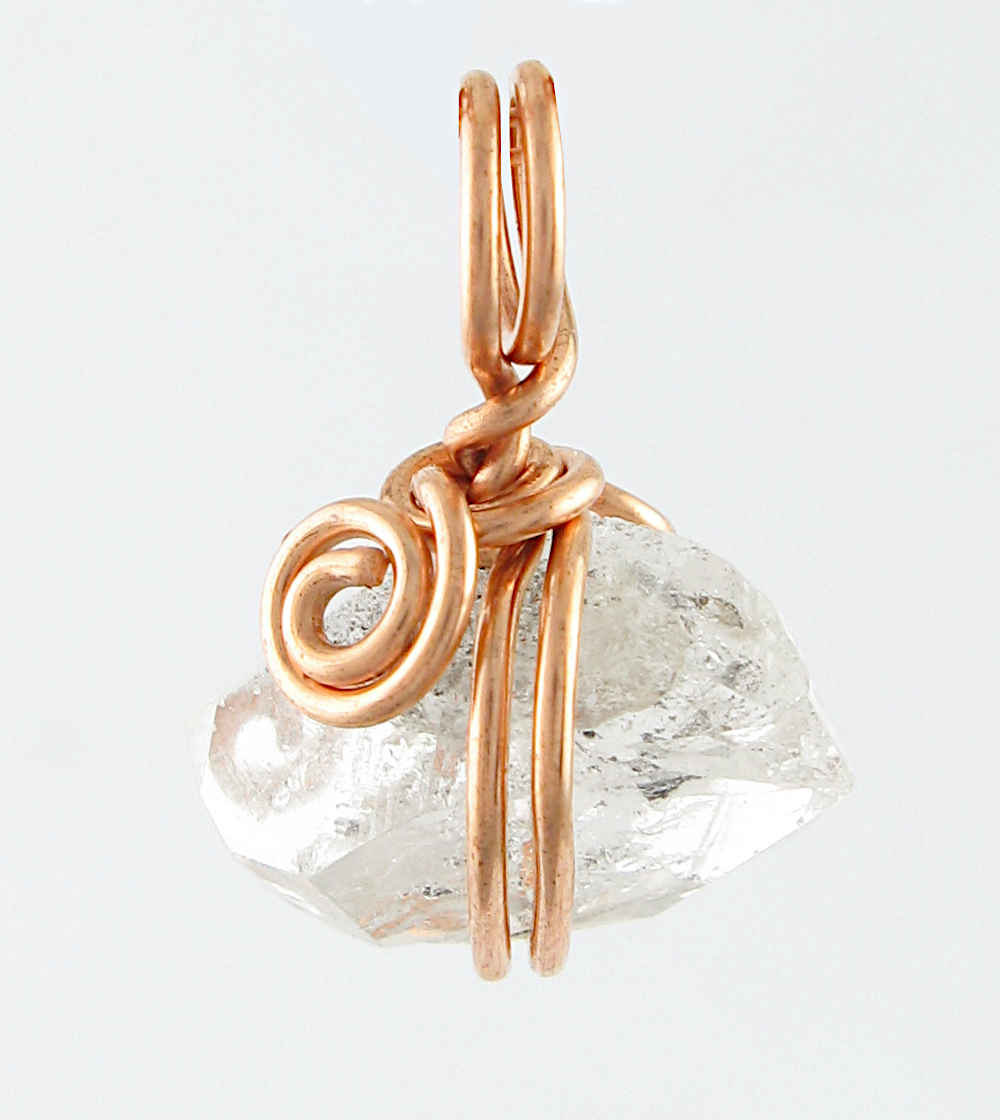 Herkimer Diamond Quartz Spiral Charm Pendant, Copper Wire-Wrapped, Handmade