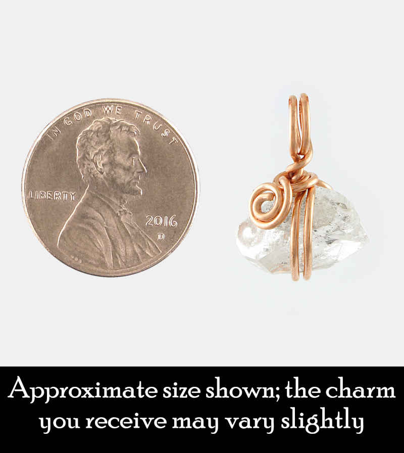 Herkimer Diamond Quartz Spiral Charm Pendant, Copper Wire-Wrapped, Handmade