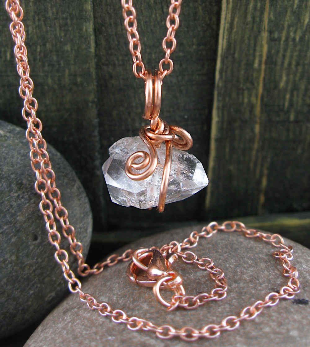 Herkimer Diamond Quartz Spiral Charm Pendant, Copper Wire-Wrapped, Handmade