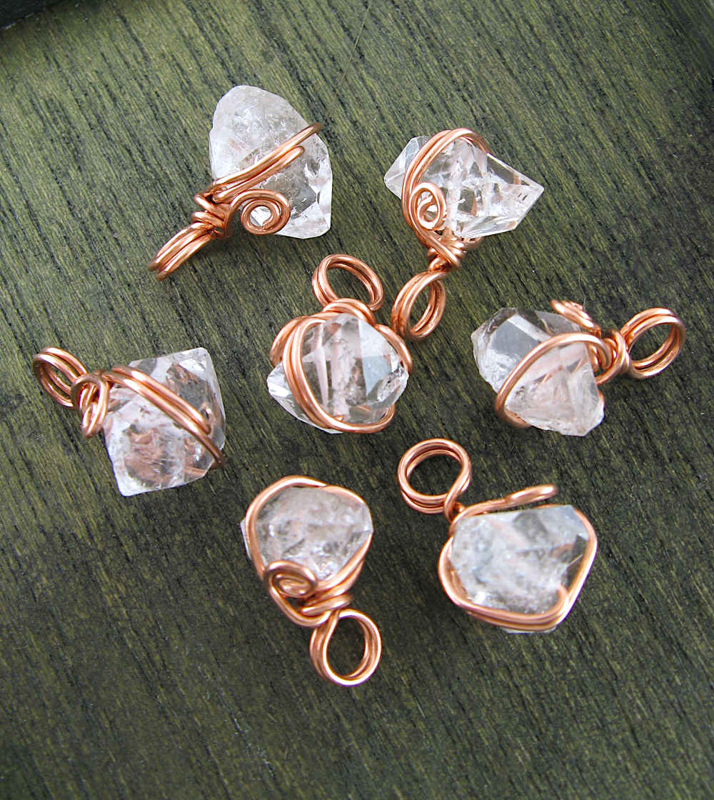 Herkimer Diamond Quartz Spiral Charm Pendant, Copper Wire-Wrapped, Handmade