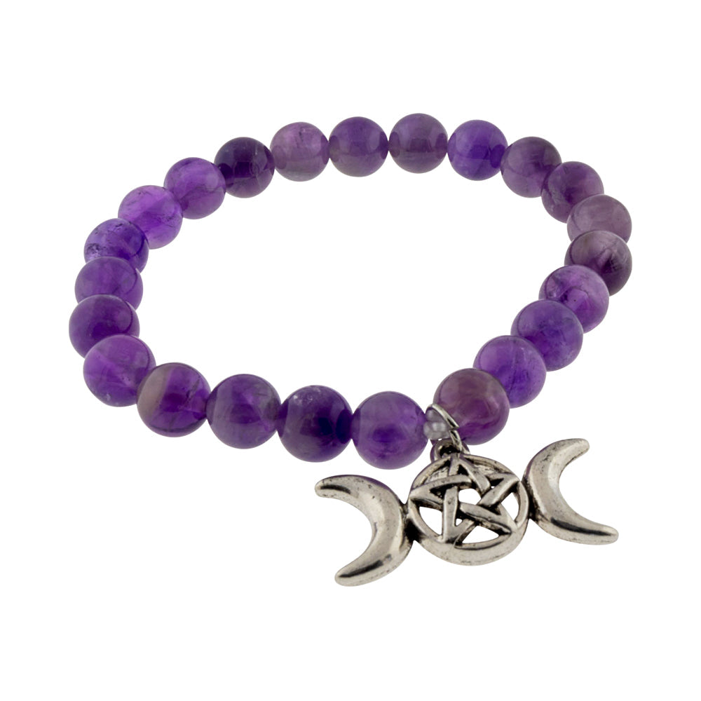 Elastic Bracelet 8mm Round Beads - Amethyst w/ Pentacle Triple Moon