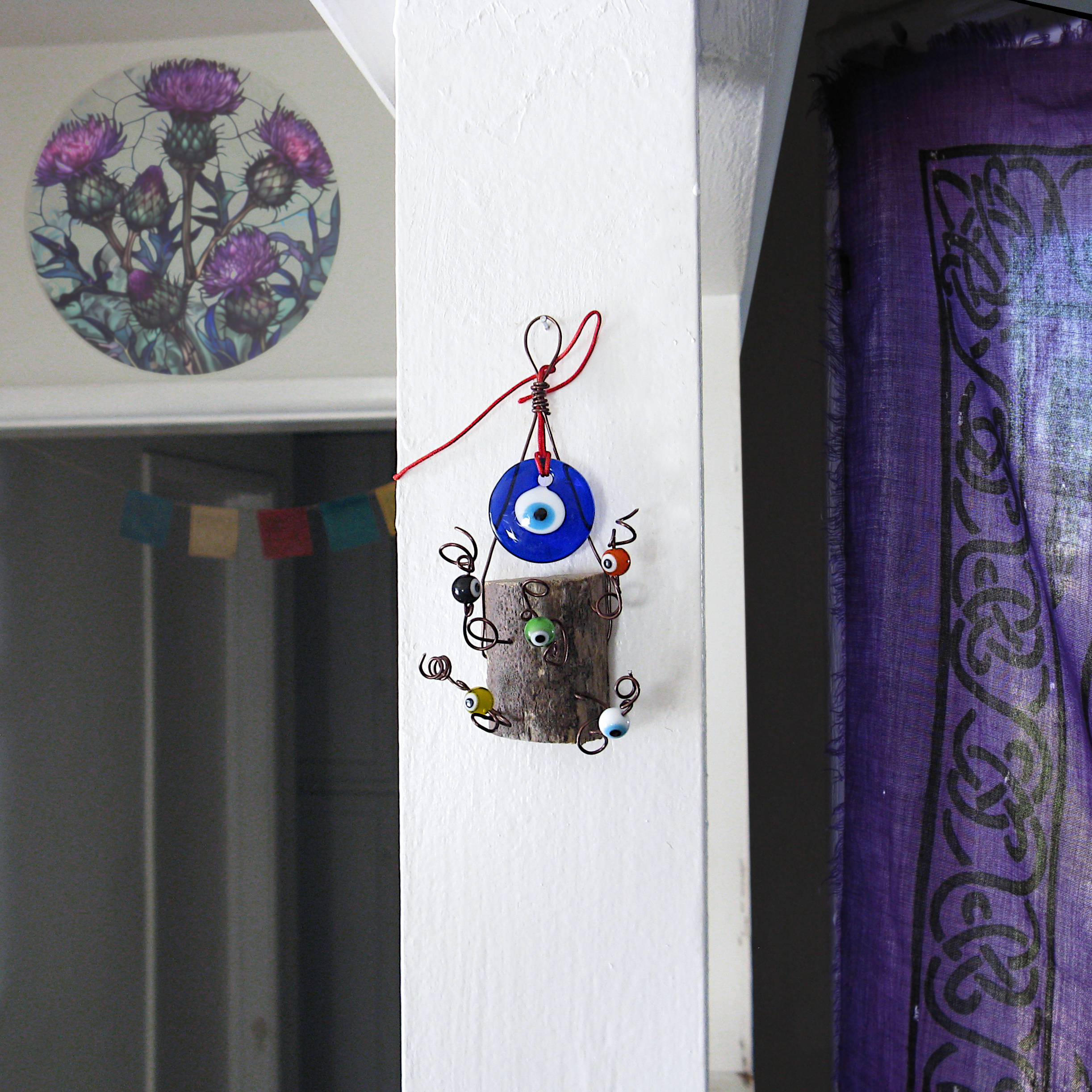 Evil Eye Wall Hanging with Wood Chunk Protection - Handcrafted