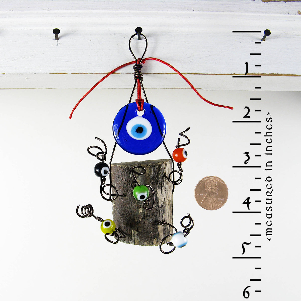 Evil Eye Wall Hanging with Wood Chunk Protection - Handcrafted