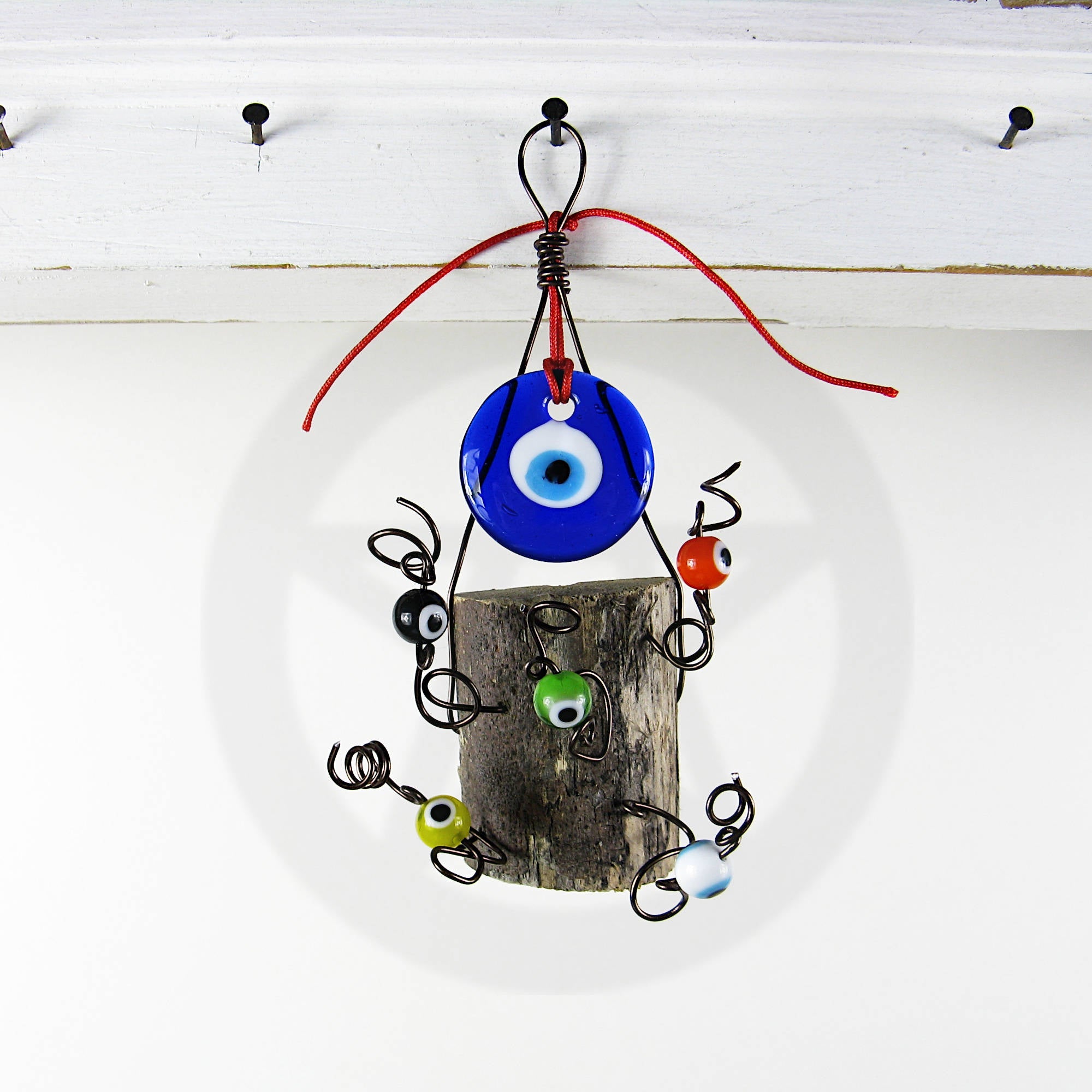 Evil Eye Wall Hanging with Wood Chunk Protection - Handcrafted