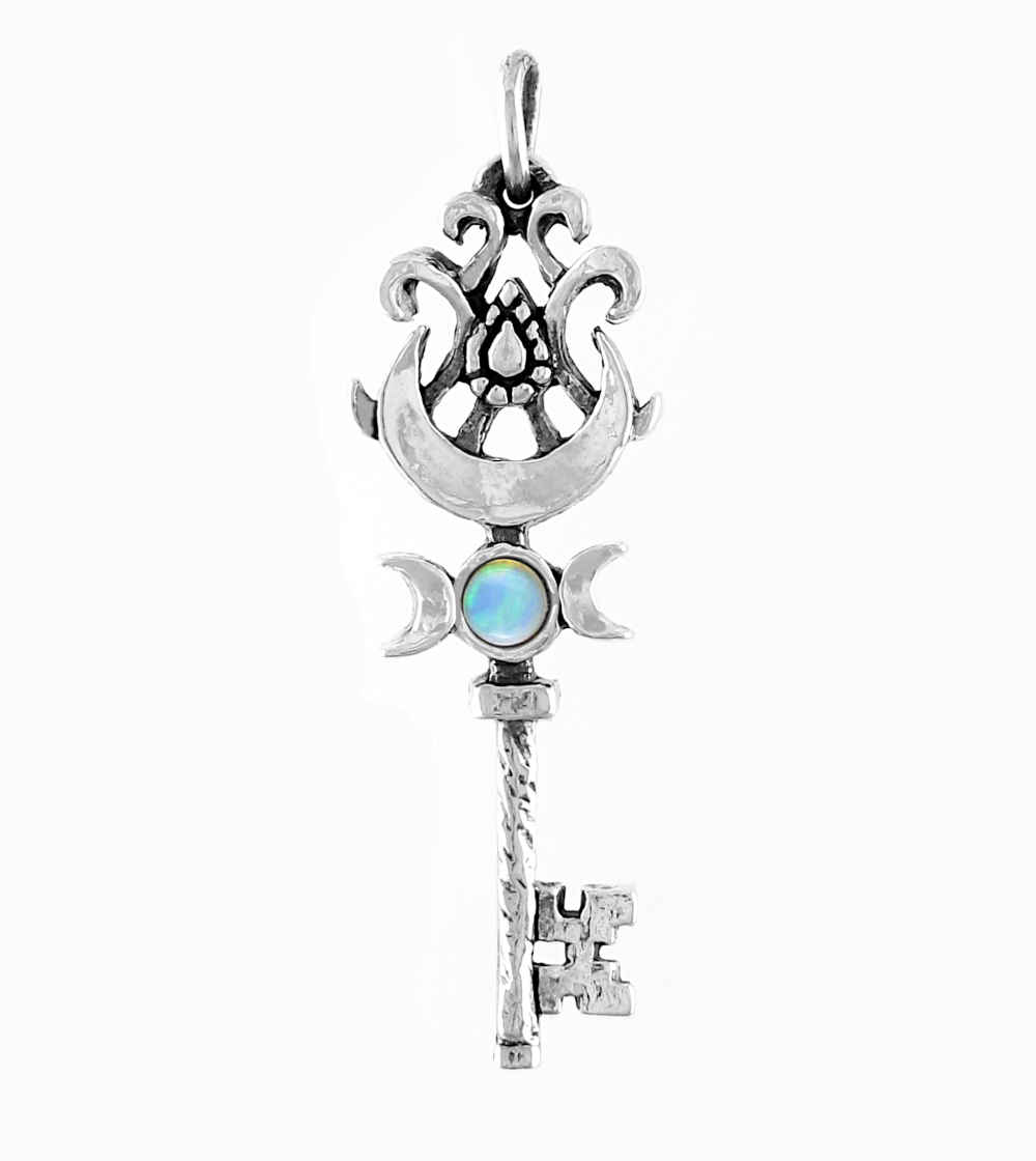 Old-Fashioned Key Pendant With Triple Moon, Crescent & Opal Cabochon, Handmade