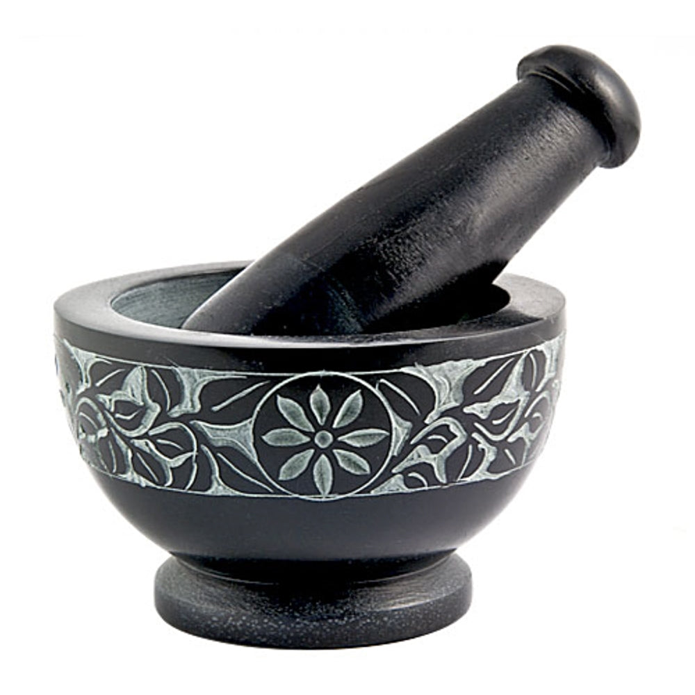 Floral Carved Black Soapstone Mortar &amp; Pestle 4&quot; x 2.75&quot;