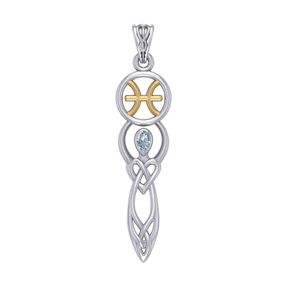 Celtic Goddess Pisces Astrology Zodiac Sign Silver and Gold Accents Pendant with Aquamarine MPD5934