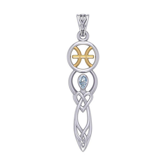 Celtic Goddess Pisces Astrology Zodiac Sign Silver and Gold Accents Pendant with Aquamarine MPD5934