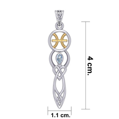 Celtic Goddess Pisces Astrology Zodiac Sign Silver and Gold Accents Pendant with Aquamarine MPD5934