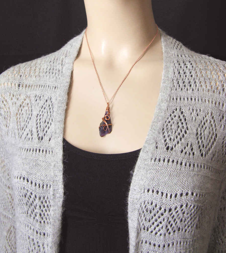 Raw Amethyst Crystal Point Pendant – Handmade Copper Wire Wrapped Necklace for Healing & Protection