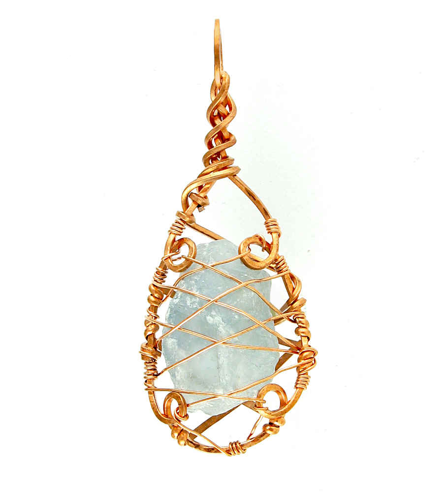 Raw Blue Celestite Crystal Teardrop Pendant Necklace, Copper Wire-Wrapped, Handmade