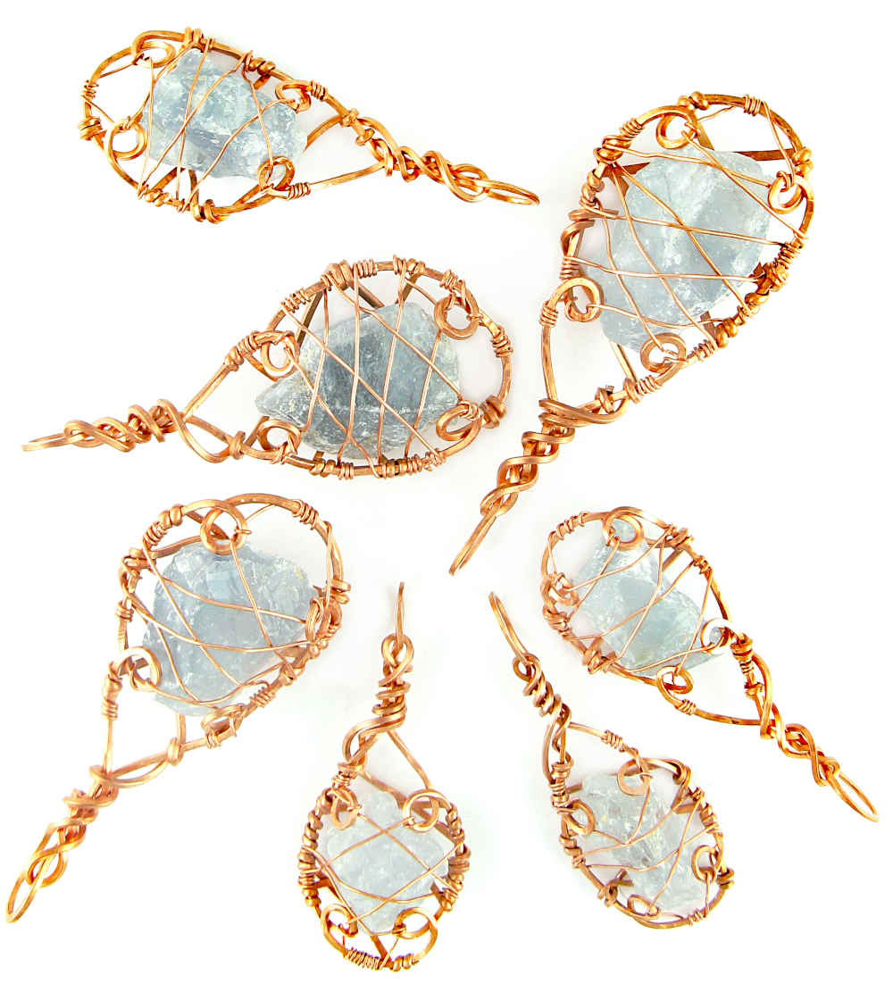 Raw Blue Celestite Crystal Teardrop Pendant Necklace, Copper Wire-Wrapped, Handmade