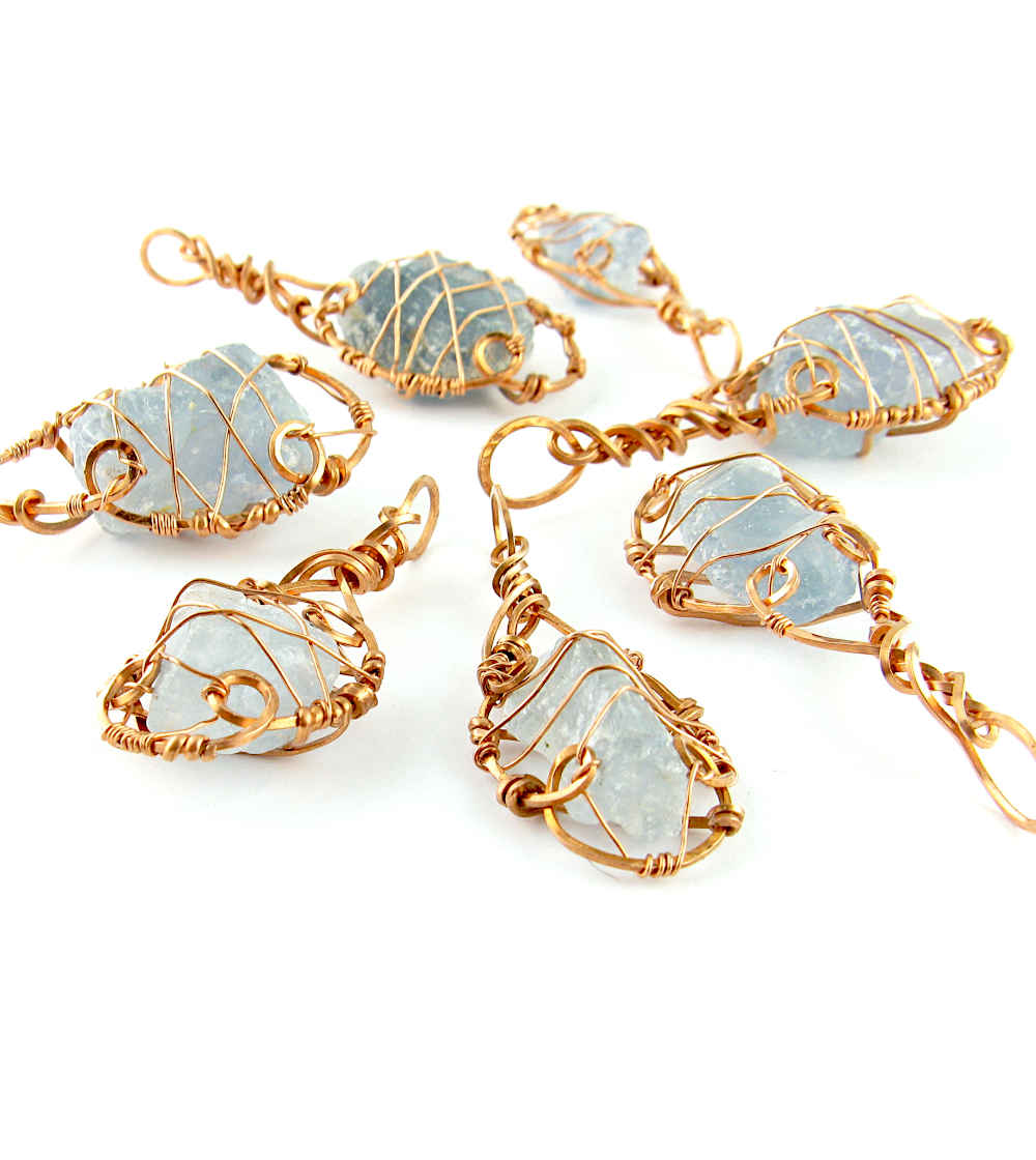 Raw Blue Celestite Crystal Teardrop Pendant Necklace, Copper Wire-Wrapped, Handmade