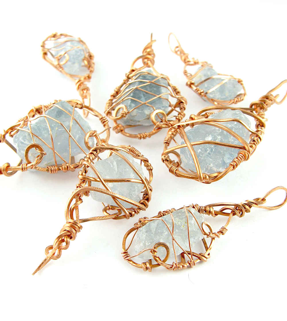 Raw Blue Celestite Crystal Teardrop Pendant Necklace, Copper Wire-Wrapped, Handmade