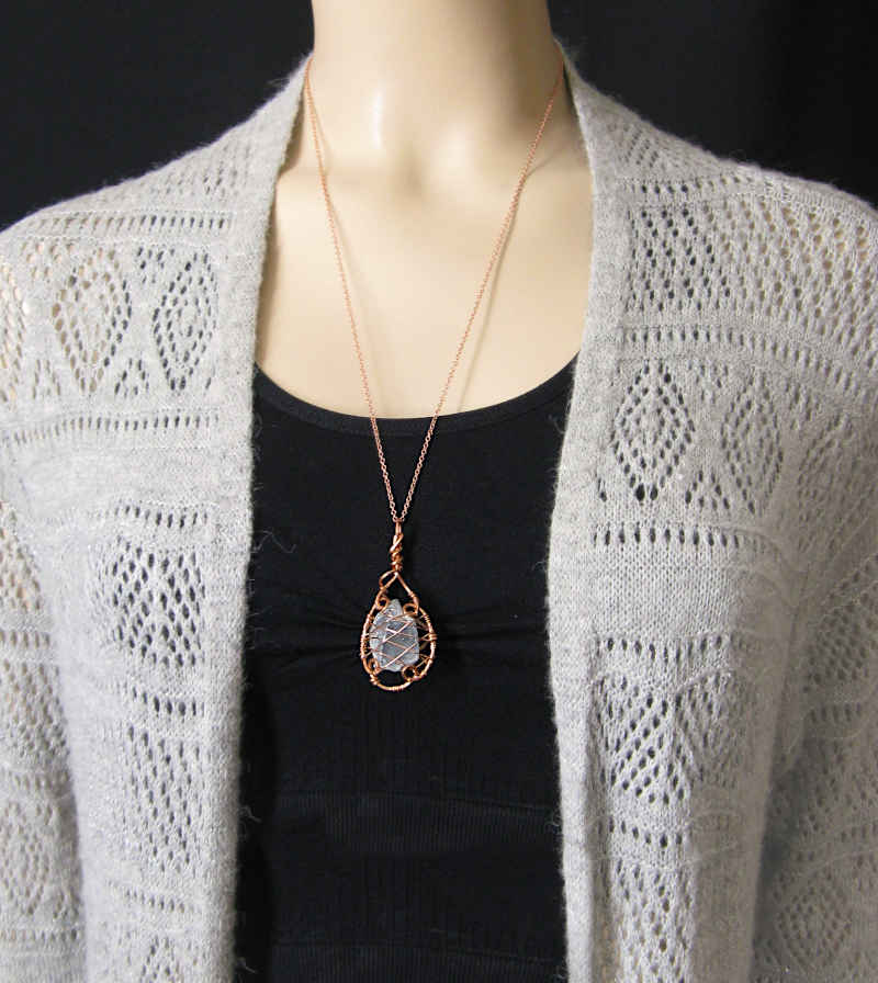 Raw Blue Celestite Crystal Teardrop Pendant Necklace, Copper Wire-Wrapped, Handmade