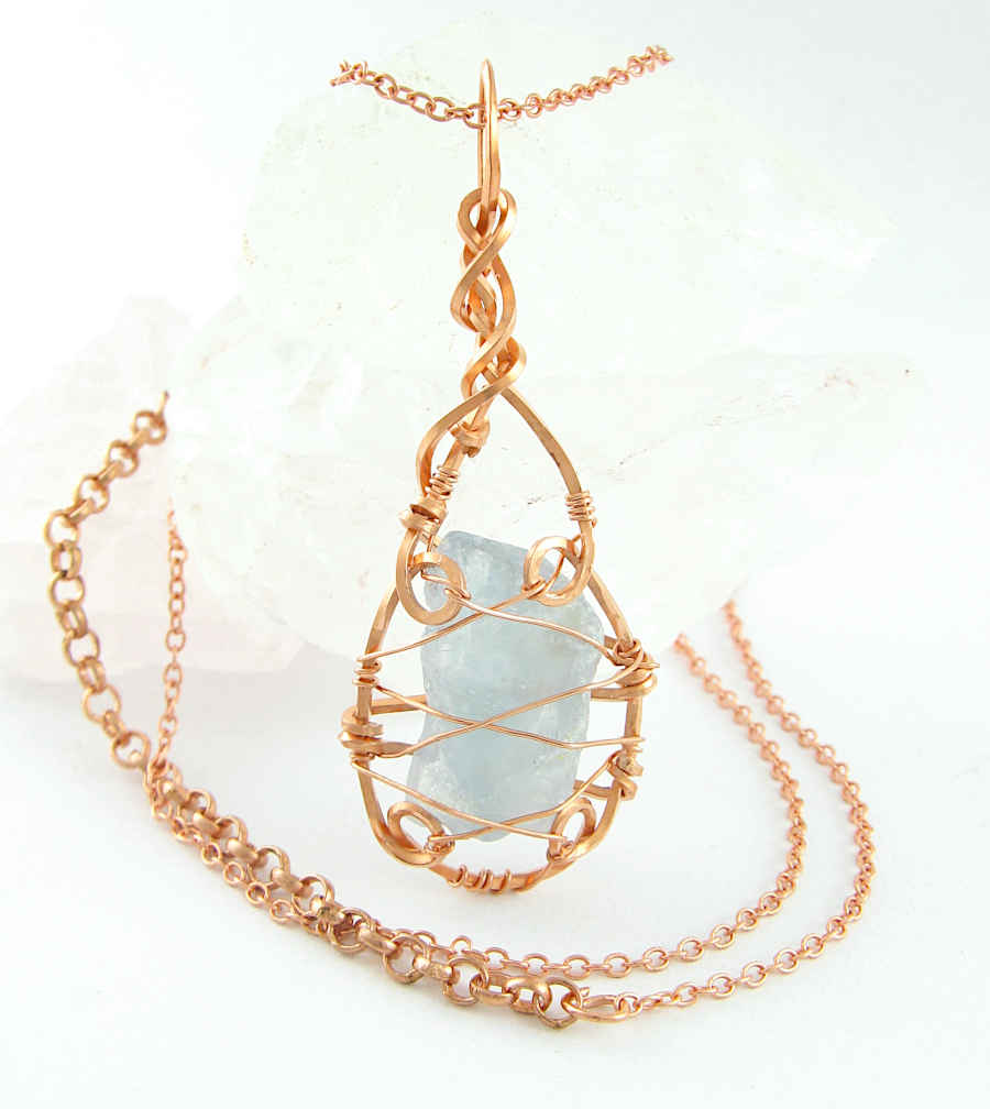 Raw Blue Celestite Crystal Teardrop Pendant Necklace, Copper Wire-Wrapped, Handmade
