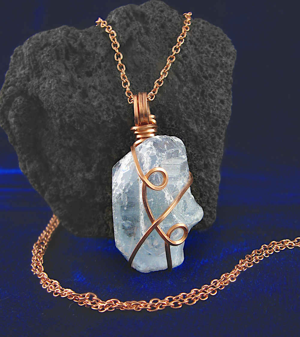 Celestite Crystal Wire-Wrapped Pendant in Copper, Sky-Blue Gemstone Necklace, Handmade