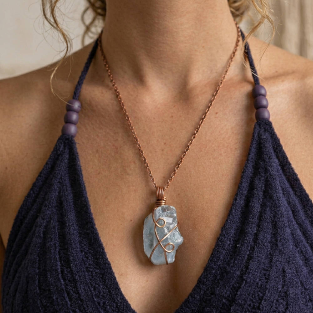 Celestite Crystal Wire-Wrapped Pendant in Copper, Sky-Blue Gemstone Necklace, Handmade