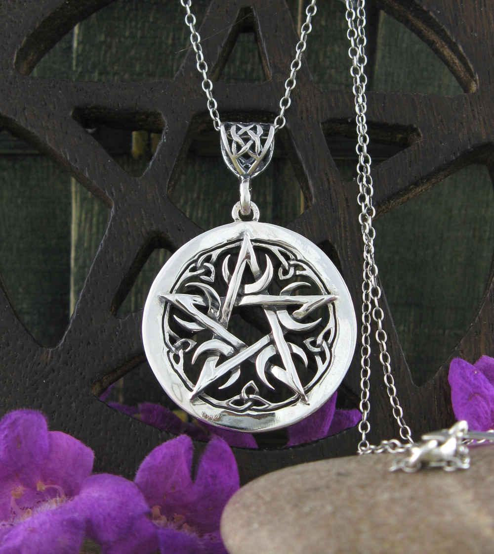 SMALL Crescent Moon Pentacle Pendant, Handmade - 925 Sterling Silver