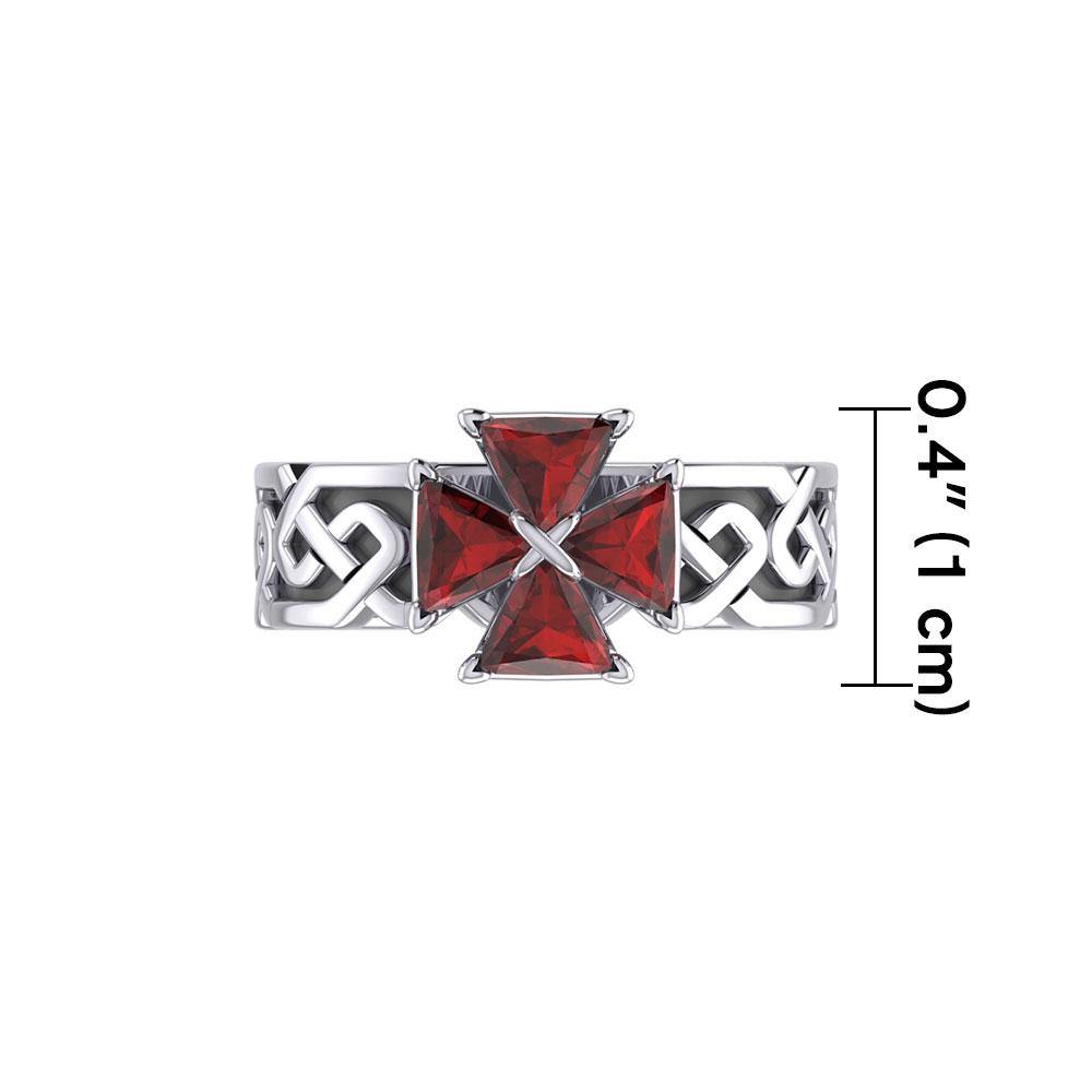 Celtic Knotwork Silver Band Ring with Cross Gemstone TRI1958