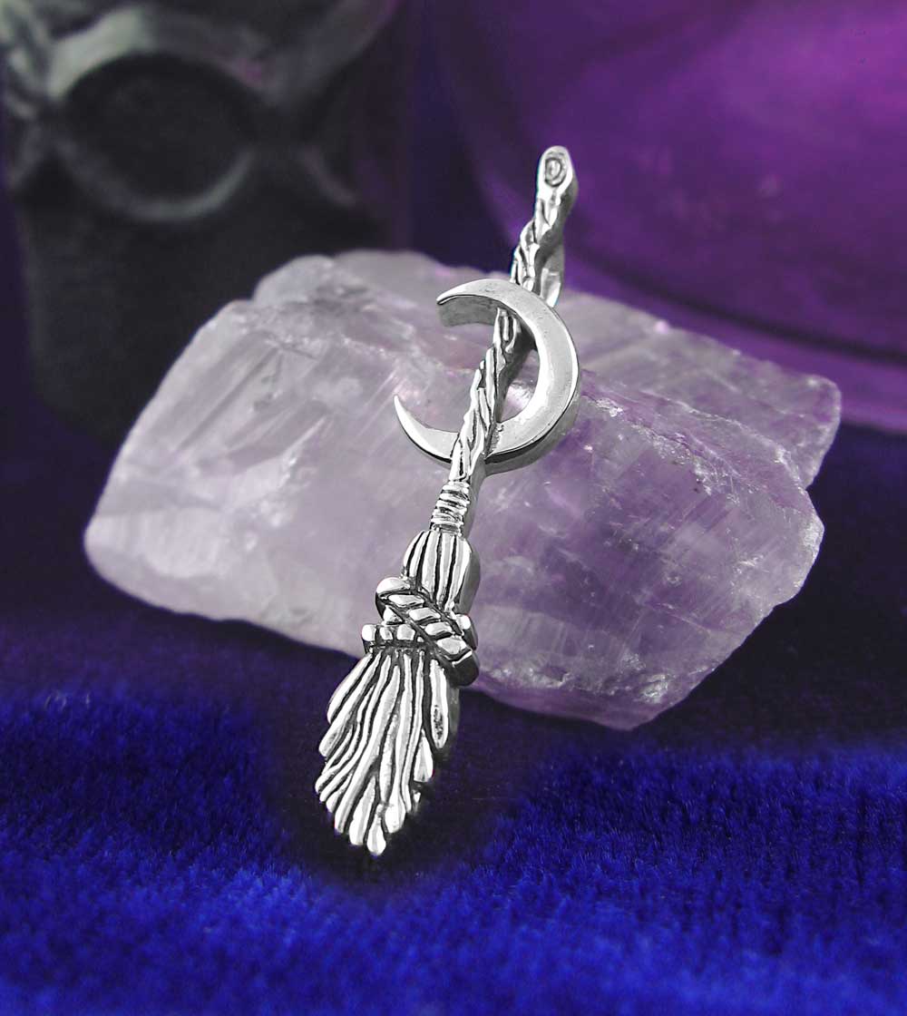 Broomstick with Crescent Moon Pendant, Handmade - 925 Sterling Silver
