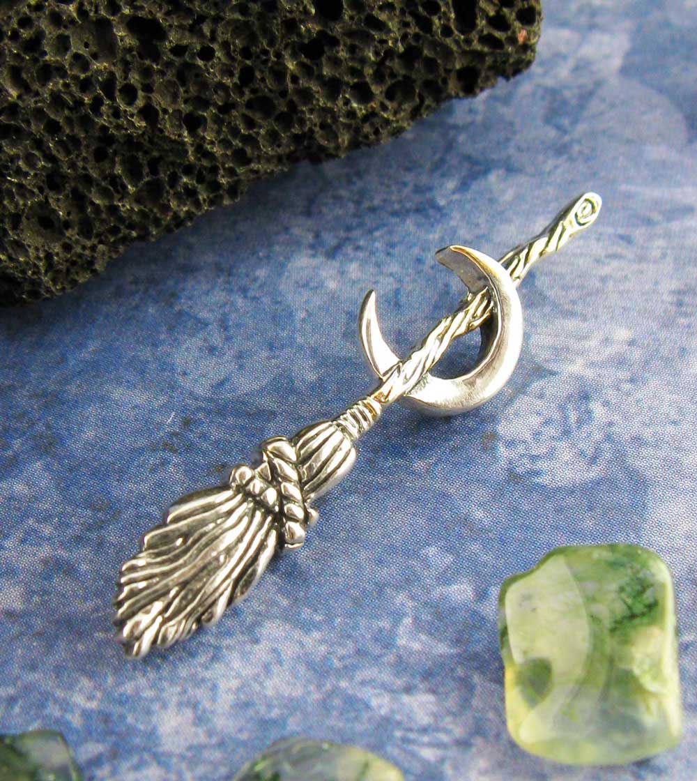 Broomstick with Crescent Moon Pendant, Handmade - 925 Sterling Silver