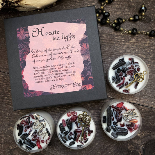 Hecate Tea Light Candle Set • Crystal & Herb Candles • Witch