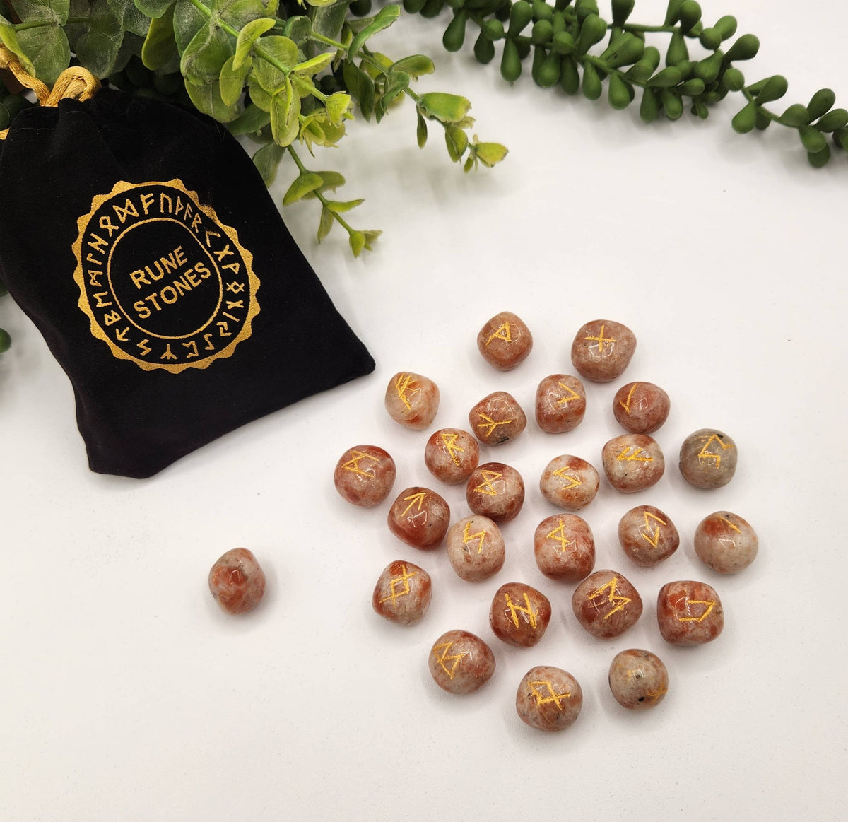 Sunstone Semi-Precious Gemstone Rune Sets + Velvet Pouch