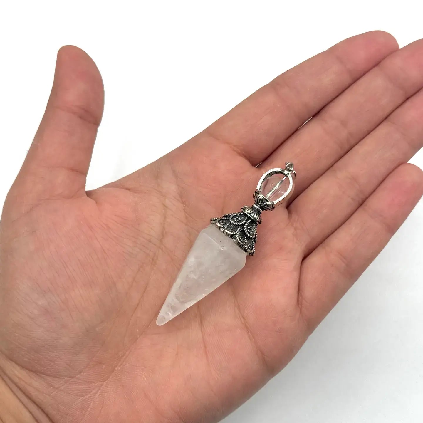 Double Cap Pendulums with Silver Plated Chain : Crytal Quartz