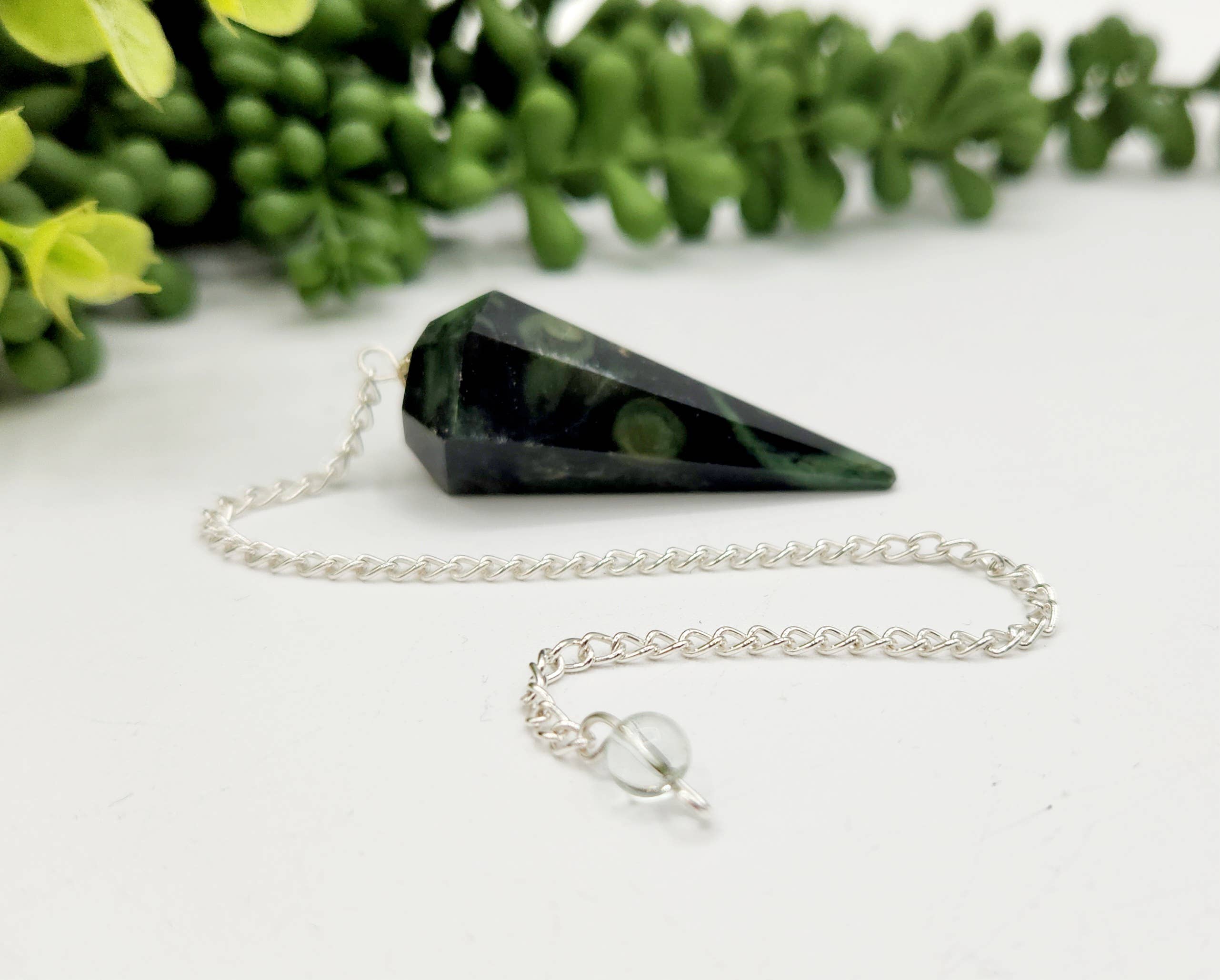 Kambaba Jasper Pendulum w/Silver Plated Chain &amp; Clear Quartz